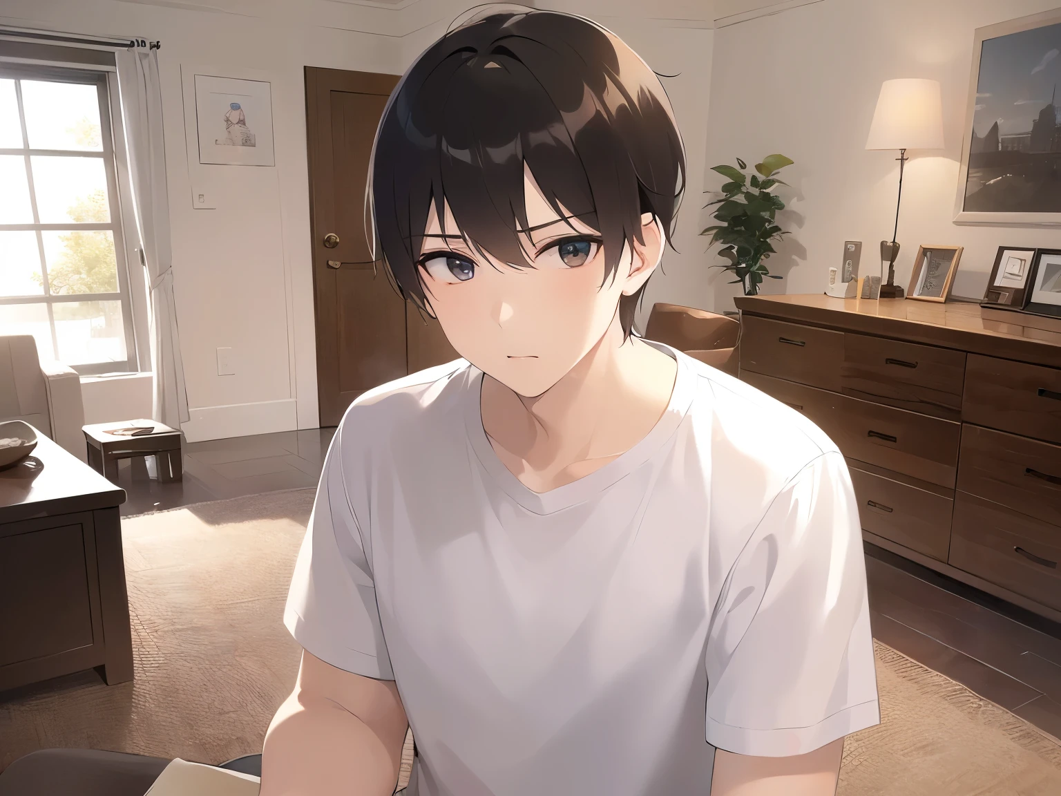 masterpiece、highest quality、(25-year-old male:1.5) and (Brown short hair) and (Green Eyes), White T-shirt、Are standing、sad、The background is the living room、(Alone:1.5)、Upper body is shown、