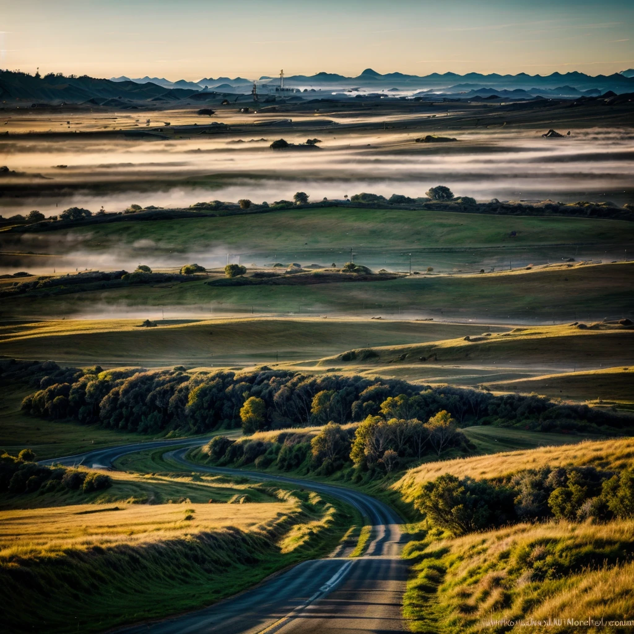 Best quality, masterpiece, super high resolution, (realism: 1.4), oil painting style, film lighting, endless grassland dotted with a few homes, I stood on the empty asphalt road and looked at it, the fairy mountains were foggy, and the cranes were flying