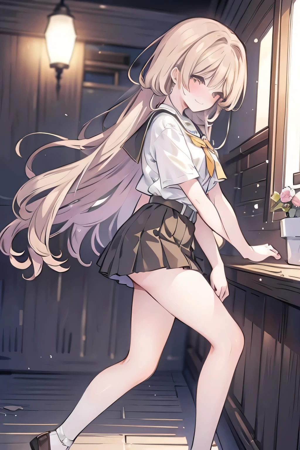 ((full body)), ((from side)), ((realistic)), 1girll, posed for photo, inside in room, desks, Stand up, standing on your feet, pretty legs, The upper body leans forward slightly, looking at viewert, Detailed scenes, curlies, Air bangs, Beautiful hair accessories, Brownish-yellow hair, ((White color blouse, black short skirt, Shiny belt)), (Campus style), warm lights, a warm color palette, Detailed details, ultra-detailliert, (tmasterpiece, best qualtiy), (An extremely delicate and beautiful work), Delicate earrings, Delicate necklace, Simple blurred background, Extreme detail description, Ultra-fine painting, Delicate face, slim toned body, (grin, happy grin, Baring teeth), (anatomy correct)