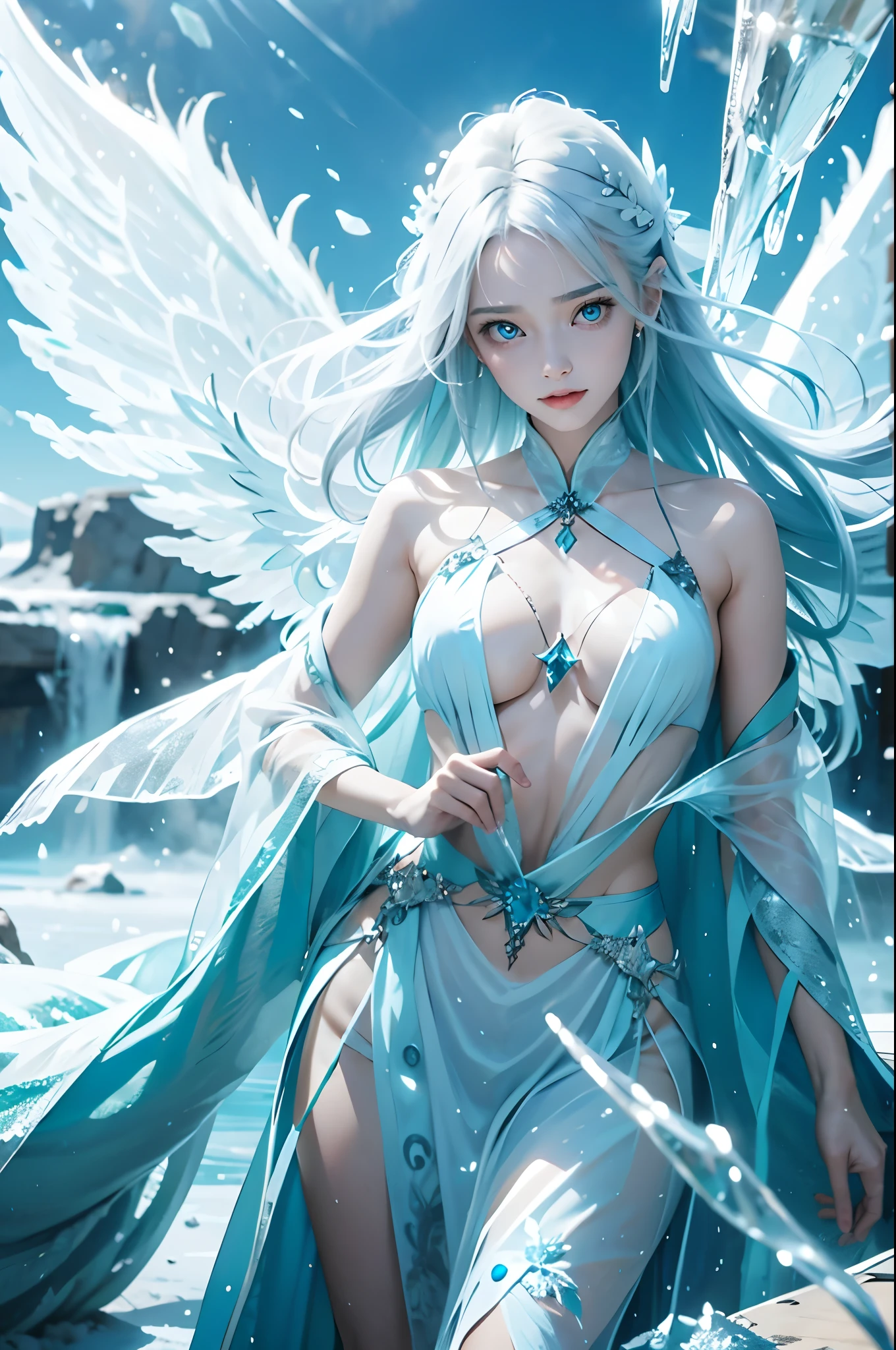 Frost Goddess,Frozen liquid,iceの世界,ice,One girl,iceのwing,Ice feathers,Translucent clothing,Angel,Angel wing,blue eyes,blue wing,large wing,Four wing,Dynamic pose,iceの葉,Metallic triangular waistband,Gray Hair,Floating ice crystals,front,Upper Body,Knee,spread wing,chest,Translucent ribbon,bubble,chestの谷間,Hello,Long Hair,medium chest,belly button,alone,water,wing,