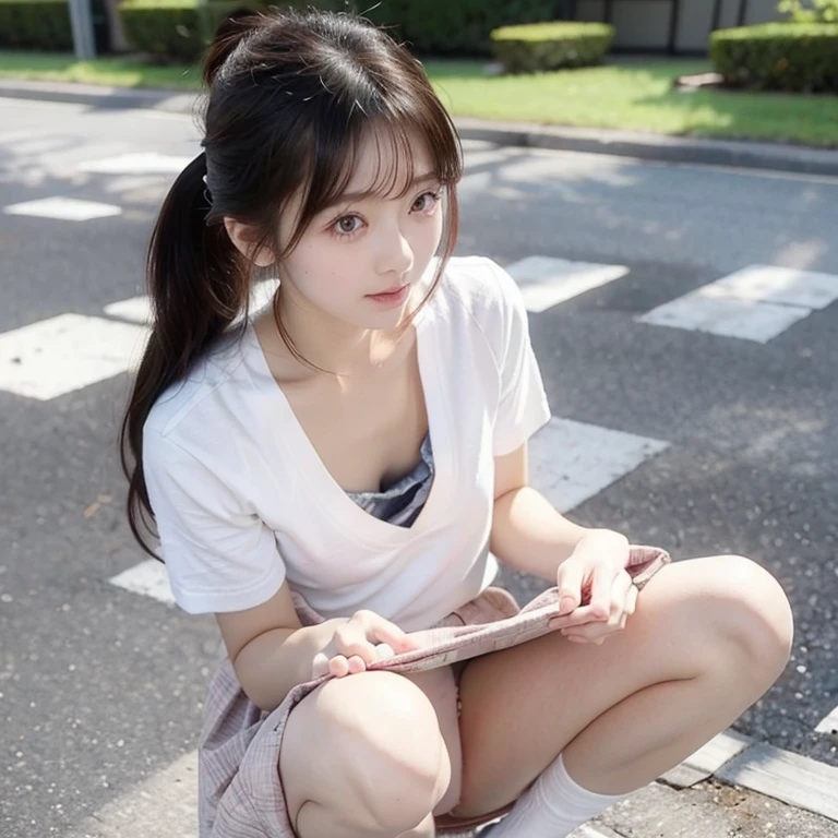 highest quality, Ultra-high resolution, Highly detailed skin, Physically Based Rendering,Down blouse,((from below))) ,(((Young face of 18 years old,Japanese high school girl、Place both hands on the ground、Leaning forward,naked,No bra)))(((panty shot.showing panties,squatting,open legs wide)))Small breasts, I can see the nipples too, from the front,))),(Japanese school girl uniform),(Beautiful background:1.2), (Cleavage), (Show me her white panties)Long black hair, open chest shirt