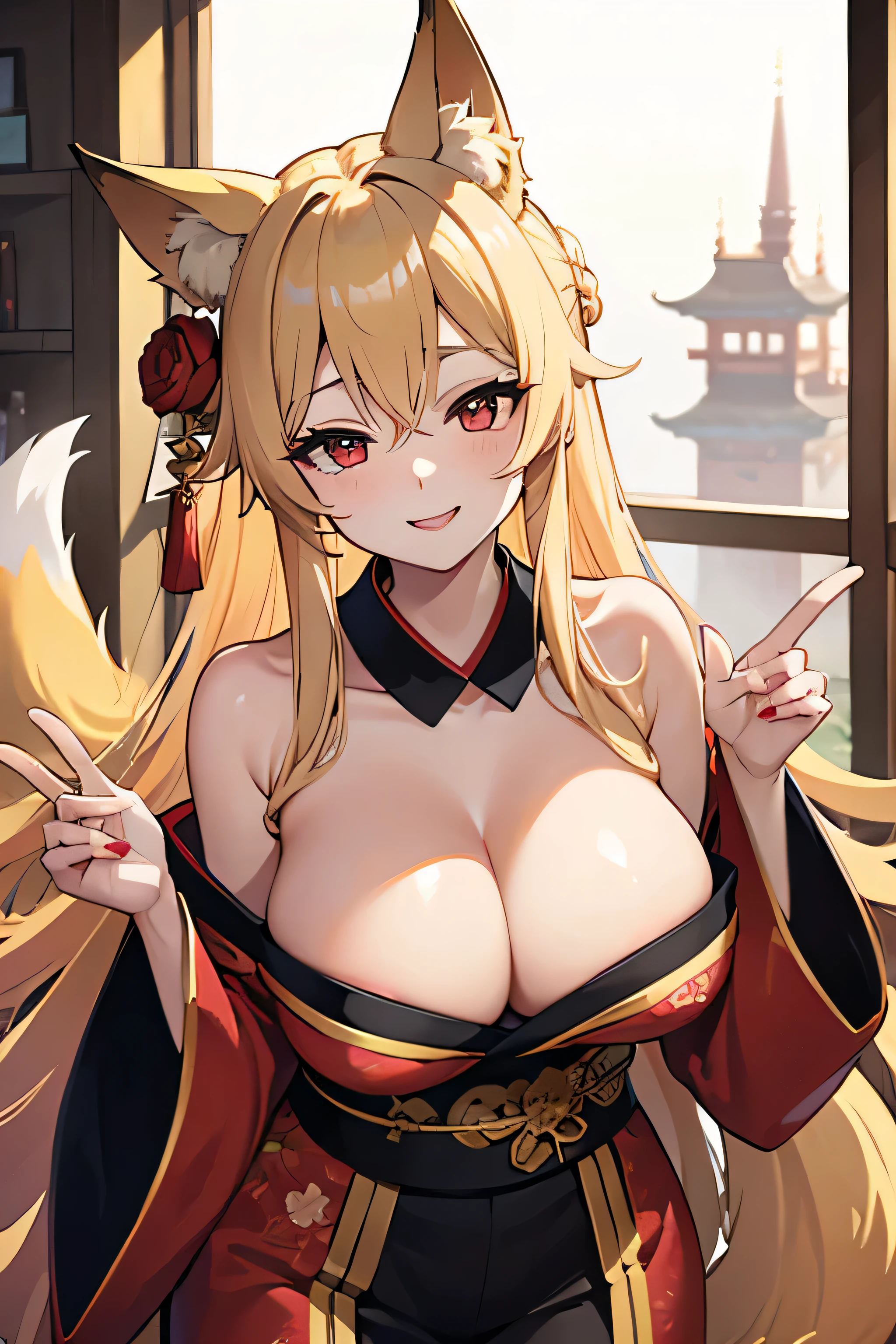 Masterpiece、Big Breasts、Cleavage、Fox ears、Long blonde、Red Eye、kimono、smile