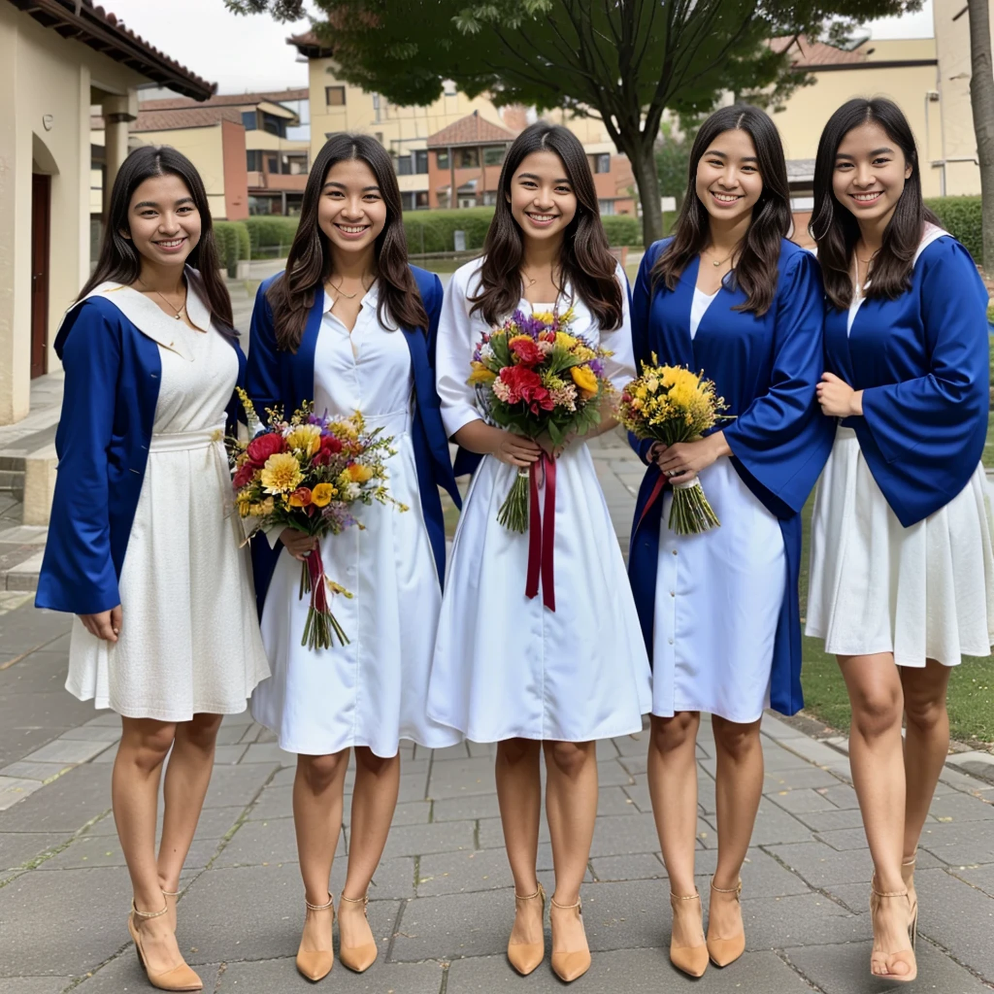 there are five people standing together holding a bouquet of flowers, graduation photo,  family, wearing an academic gown, post graduate, taken in 2023  photo, happy family