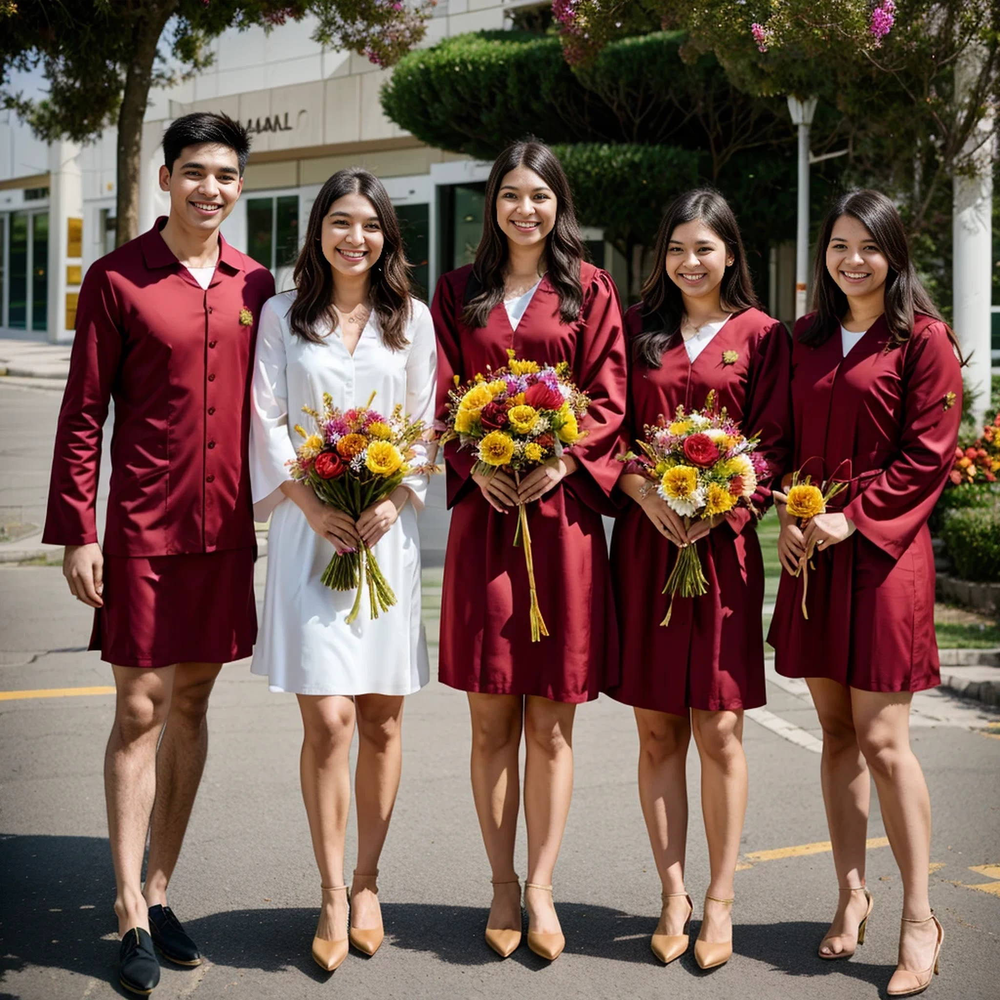 there are five people standing together holding a bouquet of flowers, graduation photo, family, wearing an academic gown, post graduate, taken in 2023 photo, happy family