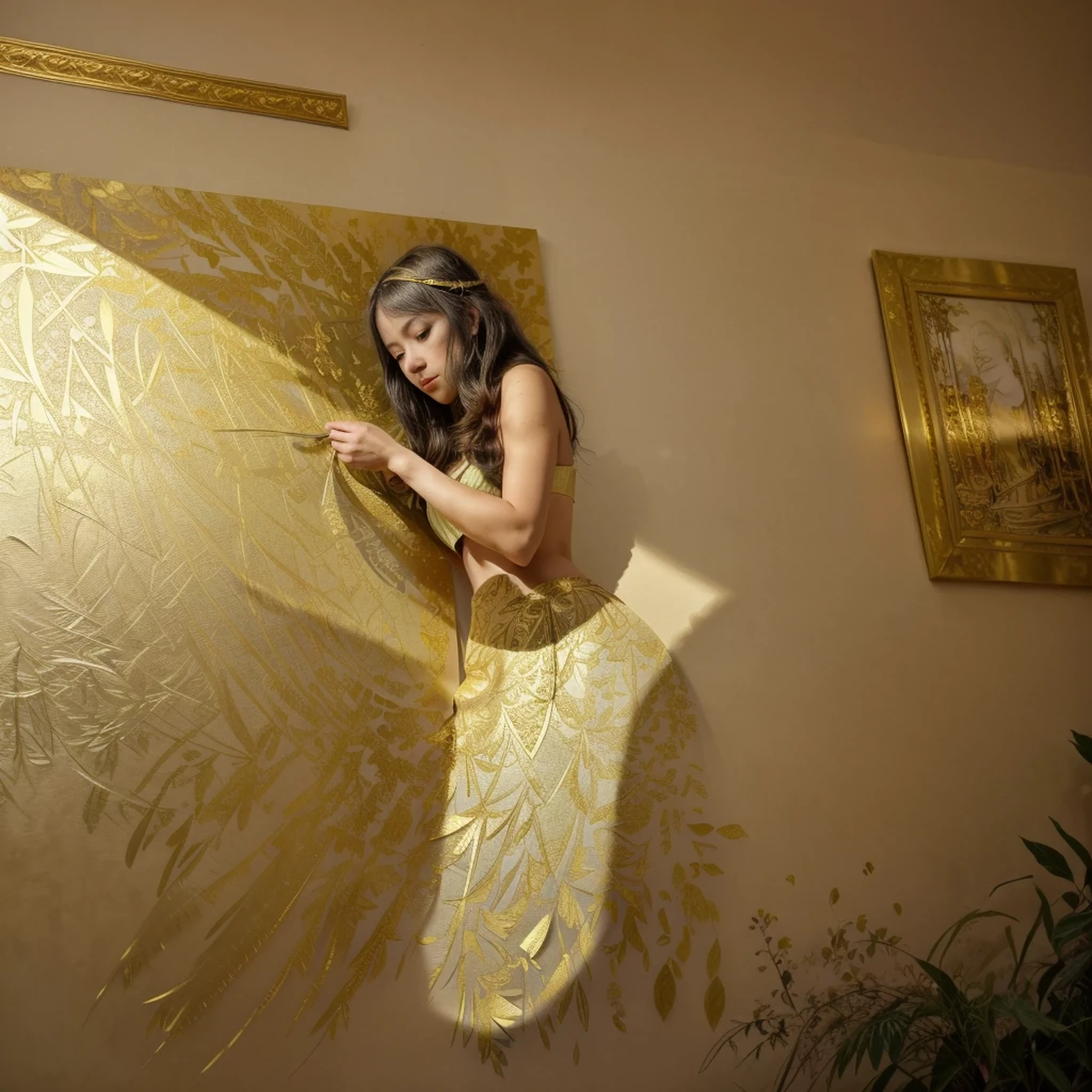 A girl in a gold leaf art studio, creating a masterpiece on a canvas. The studio is filled with golden-hued light, casting a warm glow on her face and the artwork. The girl's eyes are filled with focus and determination as she delicately applies the gold leaf to the canvas. The intricate details of the artwork are emphasized, showcasing the girl's skill and precision. The golden hues of the materials used create a sense of luxury and elegance. The final artwork is a stunning mix of textures, with the gold leaf shimmering and catching the light from different angles. The artwork exudes a sense of depth and dimension, with each stroke and embellishment adding to its beauty. The colors used in the artwork are vibrant and rich, enhancing the overall visual impact. The studio is filled with the scent of art materials, adding to the immersive experience. The lighting in the studio is carefully set, highlighting the girl and her creation. The lighting creates a play of shadows and highlights, adding depth and dimension to the scene. The girl's passion for her art is evident in her focused expression and the meticulous attention to detail. The gold leaf art piece is a visual masterpiece, capturing the viewer's attention and admiration. The high-quality and ultra-detailed nature of the artwork make it a true work of art.