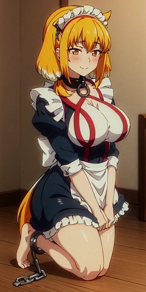 1solo girl female Roxxane, cute, maid victorian, maid apron, straight face, dazed, Body position: Standing, straight, symmetrical, barefoot, fluffy ears, milf bimbo lustful smirking smile red blush red cheeks, chain leash, kneeling, shackles, leather black collar slave, 2 high ponytails