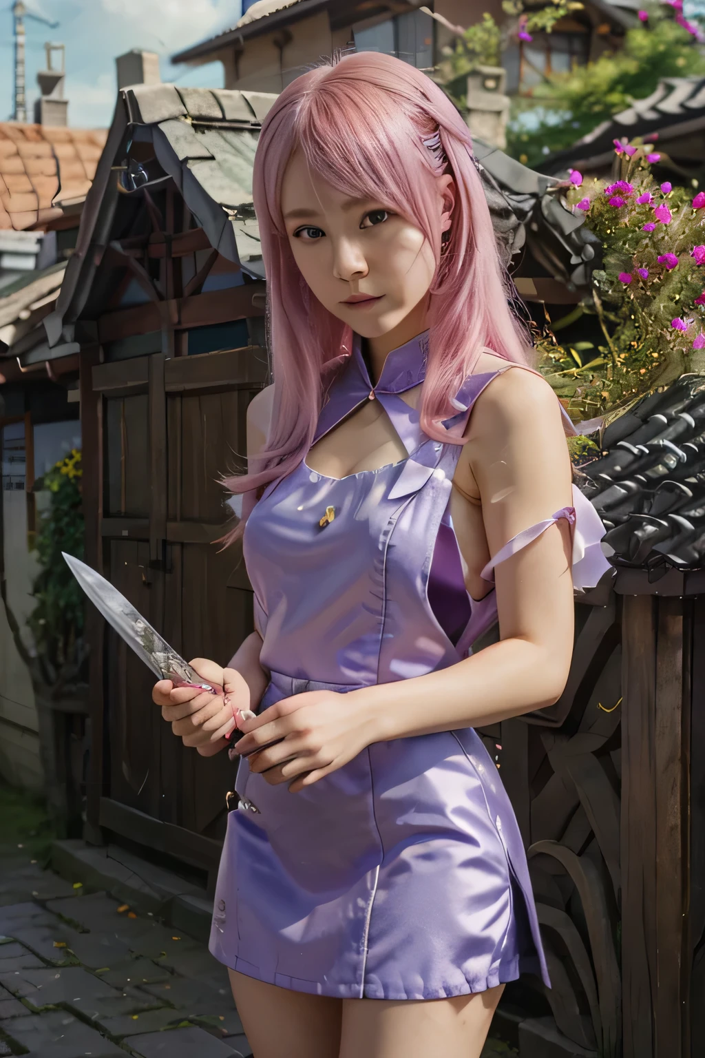 Extreme details, Flawless, Aerial view, It's like a work of art, Anime girl holding an ice sword, Pink hair and purple dress complement each other, Ayaka Genshin looking into the distance, Lead us into the world of Genshin Impact.