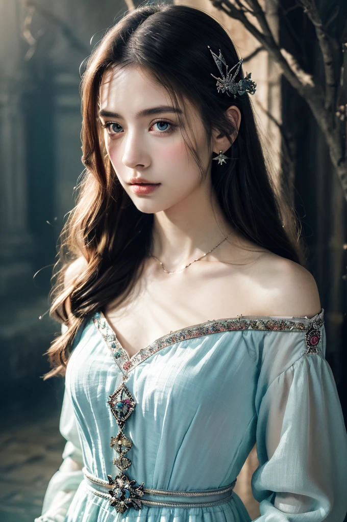 ( masterpiece, top quality, best quality,8k,17 years old girl,ultra detailed,raw photo:1.5),(photorealistic:1.4),(cinematic lighting), PerfectNwsjMajic, , Surrealism, UHD, ccurate, Super detail, textured skin, High detail, Best quality, dynamic angle, (high nose,White skin),[Beautiful blue eyes],[flat chest:large breasts:0.5],(1girl),(good anatomy:0.5)), of a woman in a dress with a sword, ((a beautiful fantasy empress)), beautiful fantasy maiden, Dreamy atmosphere,mystical ambiance, Artistic interpretation,a whimsical illustration, Subtle colors and tones, mystical aura, jewelry, splendor,portrait