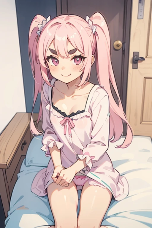 Girl with pink hair, long double-tailed hairstyle, ((small pink bushy eyebrows)), dressed in ta clothing, marked vagina, loli(Zankuro) drawing style by zankuro artist, Zancro style, image uploaded to R34, looking at the camera with a flirty smile, modeling in his room, male pov, (panties pulling, self-pulling, pink panties:1.1) panties pulled to his knees, dress blocking pusyy