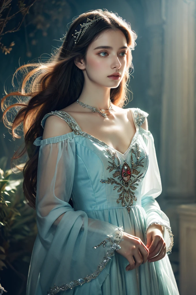 ( masterpiece, top quality, best quality,8k, girl,ultra detailed,raw photo:1.5),(photorealistic:1.4),(cinematic lighting), PerfectNwsjMajic, , Surrealism, UHD, ccurate, Super detail, textured skin, High detail, Best quality, dynamic angle, (high nose,White skin),[Beautiful blue eyes],[flat chest:large breasts:0.5],(1girl),(good anatomy:0.5)), of a woman in a dress with a sword, ((a beautiful fantasy empress)), beautiful fantasy maiden, Dreamy atmosphere,mystical ambiance, Artistic interpretation,a whimsical illustration, Subtle colors and tones, mystical aura, jewelry, splendor , portrait