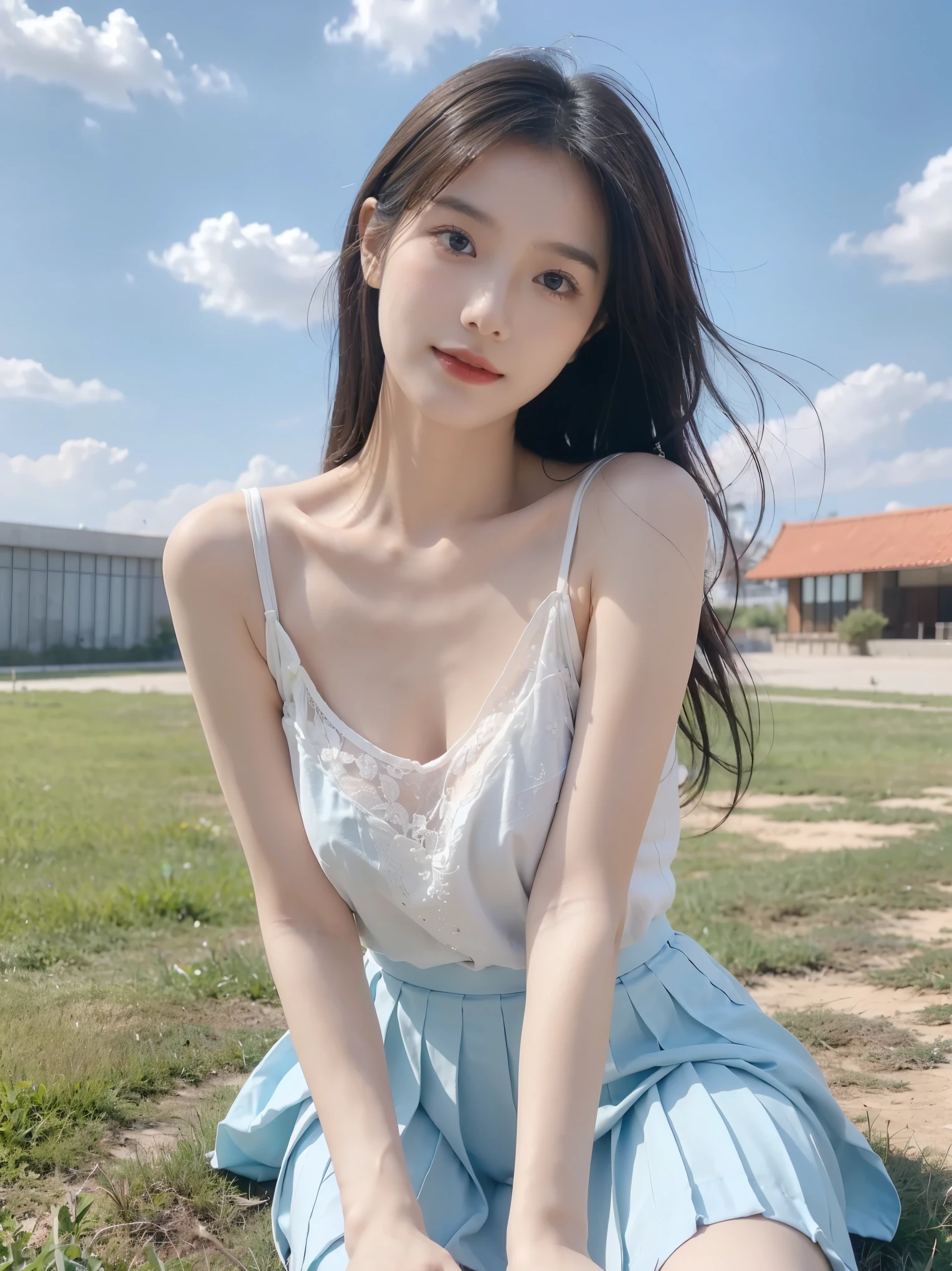 A nice and cute girl，whole body照片，Extremely beautiful and exquisite，Black hair，Sweet smile，whole body，Delicate, beautiful and fair skin，Realistic and realistic，Exquisite and complete facial features，Detailed depiction of face，High nose bridge，smooth hair，Extremely fragile hair，Femininity，Light up your face，High and tall，Thin，real，Surrealism，whole body拍摄，Forward tilt angle,Ultimate image quality,Highest precision,Precise and perfect human anatomy。Blue sky and white clouds，Sitting on the grassland，Blue sky and white clouds，Sunlight，(Pleated Skirt)