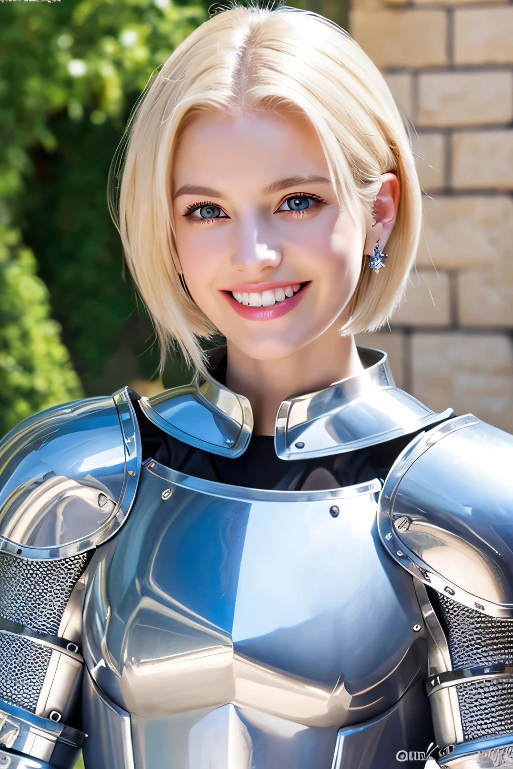 8K、highest quality、female knight、Luxurious Silver Armor、、hairstyle short cut、smile、beautiful teeth、full body photo、ear piercing、blonde、white woman、blue eyes、heavy makeup、The background is inside the castle