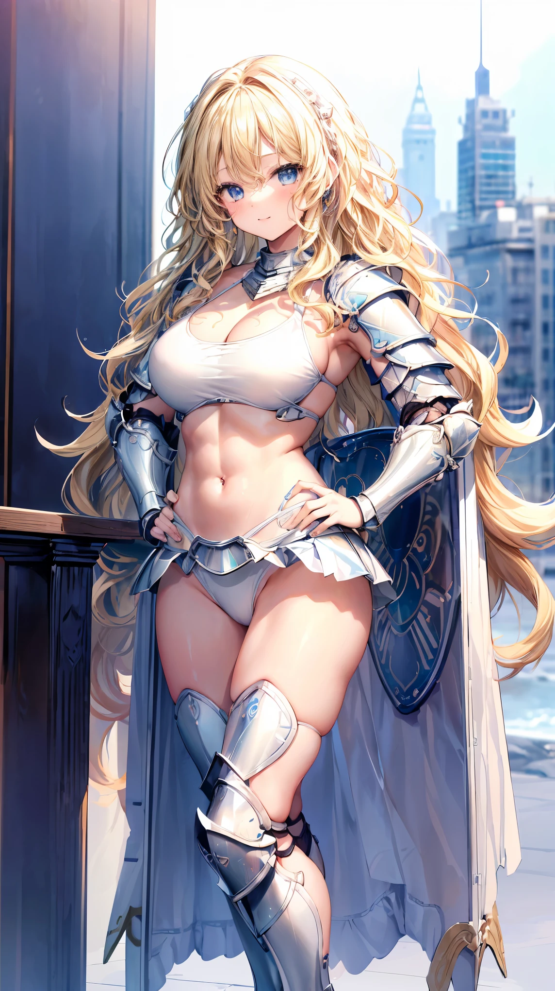 Very detailed、highest quality、Best image quality、masterpiece、8k、Anime Face、A kind smile、Open your mouth、Sparkling blue eyes、(Blonde wavy hair:1.5)、、Muscles of the whole body、Hands on hips、camisole、Thigh belt、mini skirt、(Wearing white bikini armor:1.5)、Cowboy Shot、(Leg armor:1.5)
