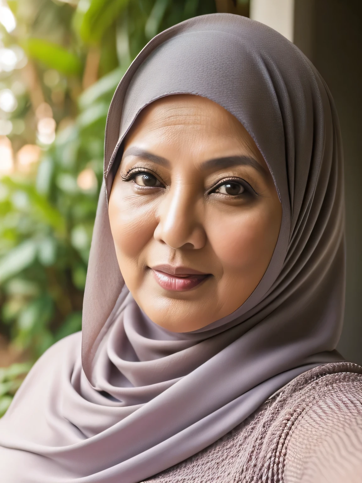 (selfie photo) (Realistic) ((Sexy Hijab)) (real mature face) (old beauty) 62 Years old fat Brunei mature woman, sexy curvy, (sexy chubby body shape), (natural makeup), Big : 34.9, (old woman in Jakarta) soft smile, facing at camera, half body - professional photography with excellent lighting. Outdoor. Dynamic background