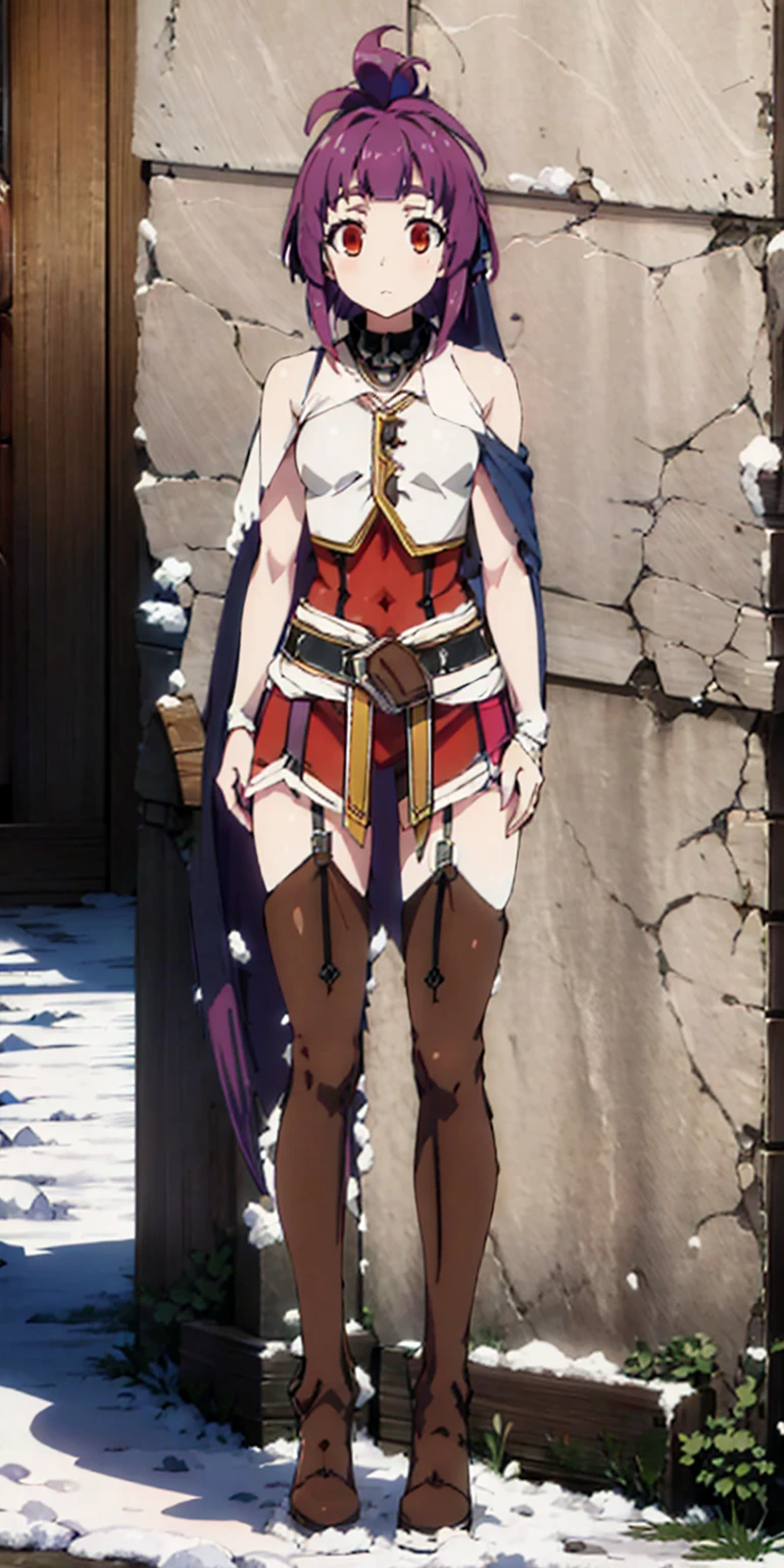 full body standing straight symmetrical, FEMALE warrior princess, big belt around waist, hair, very white skin like snow, wearing full heavy armor red cape, brown leather boots, adventurer outfit, veteran warrior