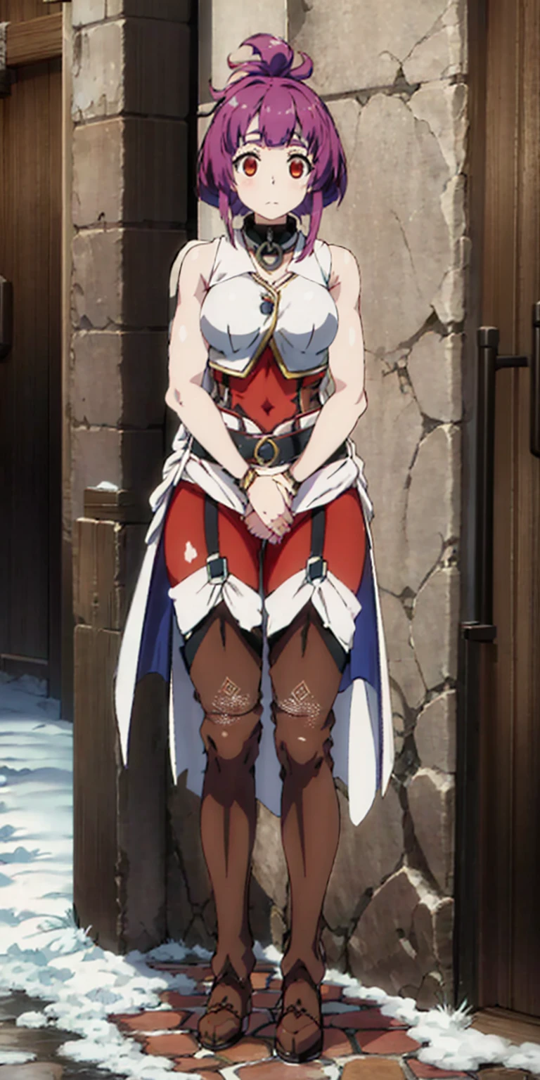 full body standing straight symmetrical, FEMALE warrior princess, big belt around waist, hair, very white skin like snow, wearing full heavy armor red cape, brown leather boots, adventurer outfit, veteran warrior
