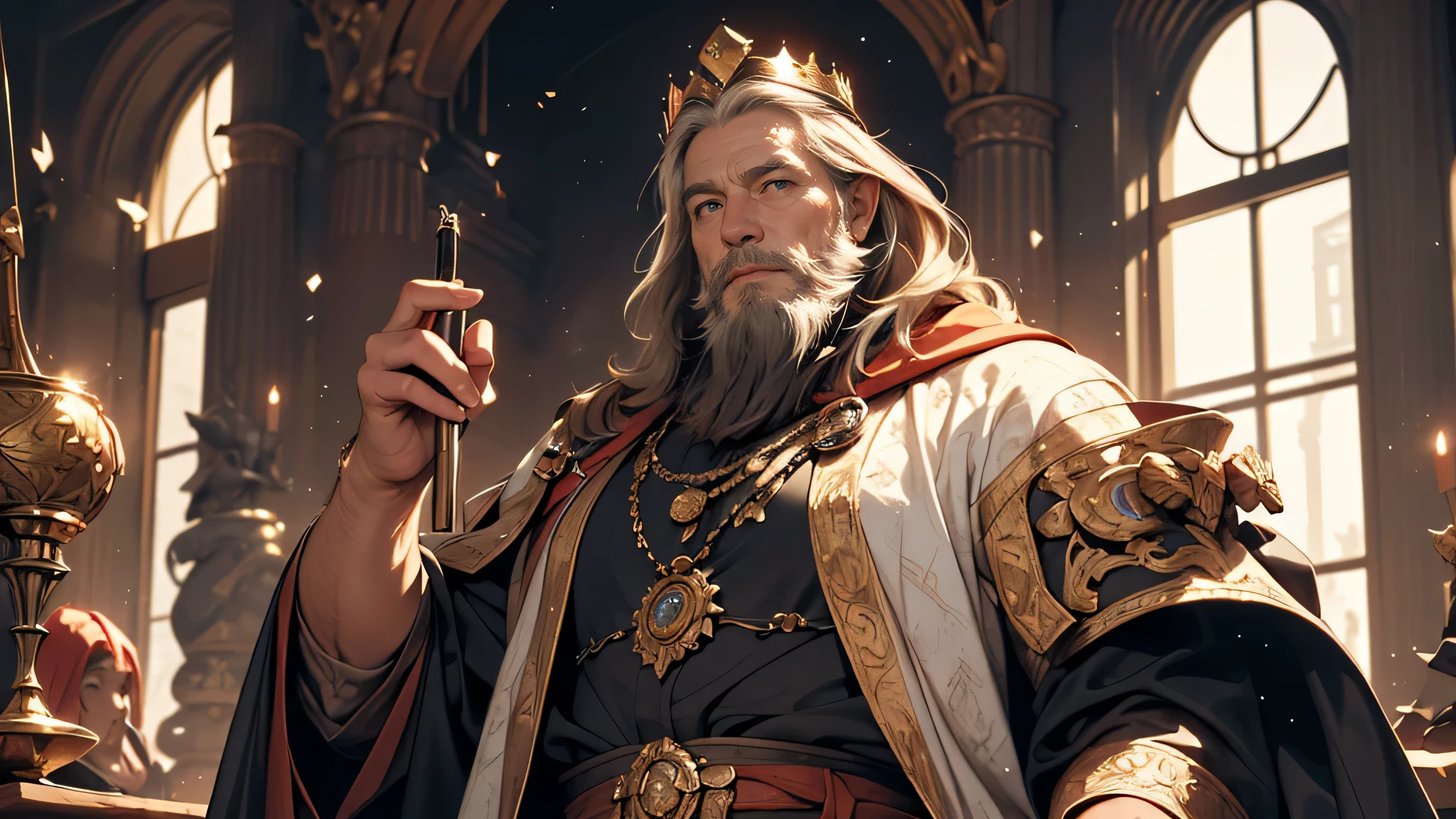 (a young dwarf,a young dwarf with a sturdy body,a young dwarf with short black hair and a beard), (an old dwarf king,an old dwarf king with white hair and a beard), (the old king is wearing a crown),illustrates,conversation,interaction,dwarves,royalty,beards,white hair,crown,proportions,age difference,sturdy,short hair,king,artistic illustration,texture details,expressive faces,strong characters,detailed background,storytelling,dwarf kingdom,palace,royal setting,rich colors,dramatic lighting,high contrast,realistic fantasy,semi-realistic,enchanted,fantasy world,imagination,captivating,highly detailed,ultra-detailed,high-resolution,professional,sharp focus,HDR,concept art,impressive,atmospheric,masterpiece:1.2