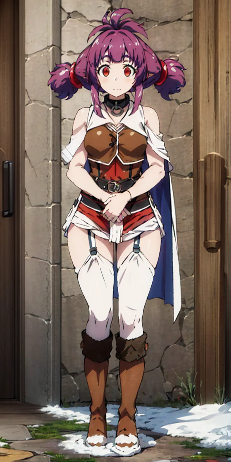 full body standing straight symmetrical, FEMALE warrior princess, big belt around waist, hair, very white skin like snow, wearing full heavy armor red cape, brown leather boots, adventurer outfit, veteran warrior