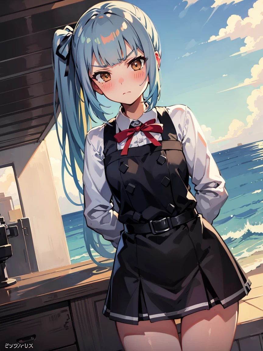 kasumi kai ni, side ponytail, hair ribbon, pinafore dress, shirt, ribbon, long sleeves, (small breasts, little body), 1 , solo
BREAK 
Portrait, arms behind back, head tilt
BREAK
(Expressionless), >:(, (blush)
BREAK
official art, best masterpiece, best quality, best resolution, 8K, best detailed, highly detailed hands, highly detailed fingers, very detailed mouth, perfect anatomy
BREAK
(sea, on the sea, sky), dust, dust, light particles, facing to viewer, , very fine and detailed 16KCG wallpapers