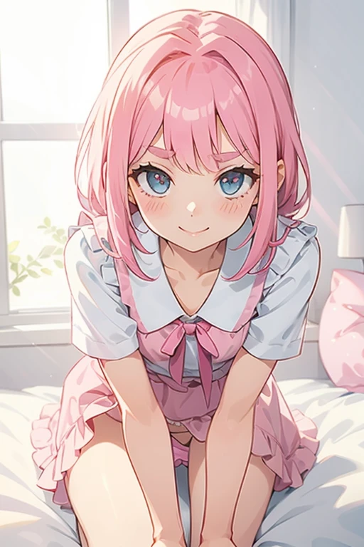 Girl with pink hair, long double-tailed hairstyle, ((small pink bushy eyebrows)), dressed in lolita clothing, marked vagina, lolicon (Zankuro) drawing style by zankuro artist, Zancro style, image uploaded to R34, looking at the camera with a flirtatious smile, modeling in her room, male pov, (panties pulling, self-pulling, pink panties:1.1) panties pulled to  knees, pulling her dress to cover her crotch