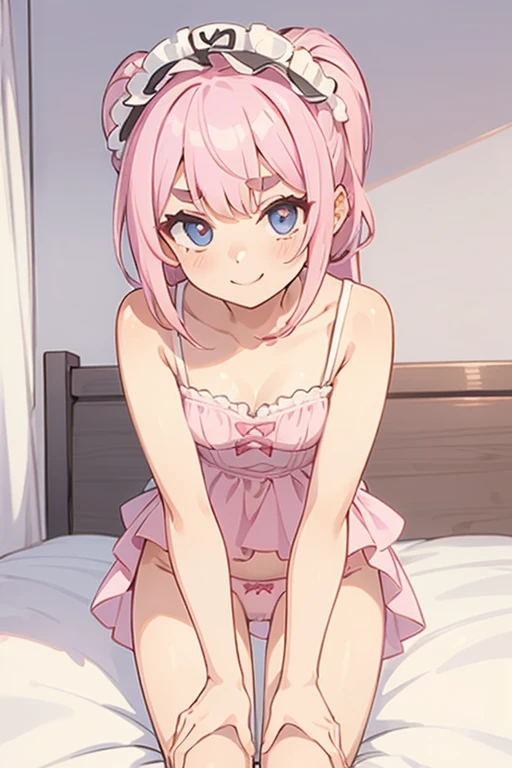 Girl with pink hair, long double-tailed hairstyle, ((small pink bushy eyebrows)), dressed in lolita clothing, marked vagina, lolicon (Zankuro) drawing style by zankuro artist, Zancro style, image uploaded to R34, looking at the camera with a flirtatious smile, modeling in her room, male pov, (panties pulling, self-pulling, pink panties:1.1 panties pulled to knees) , she pulling her dress to cover her crotch