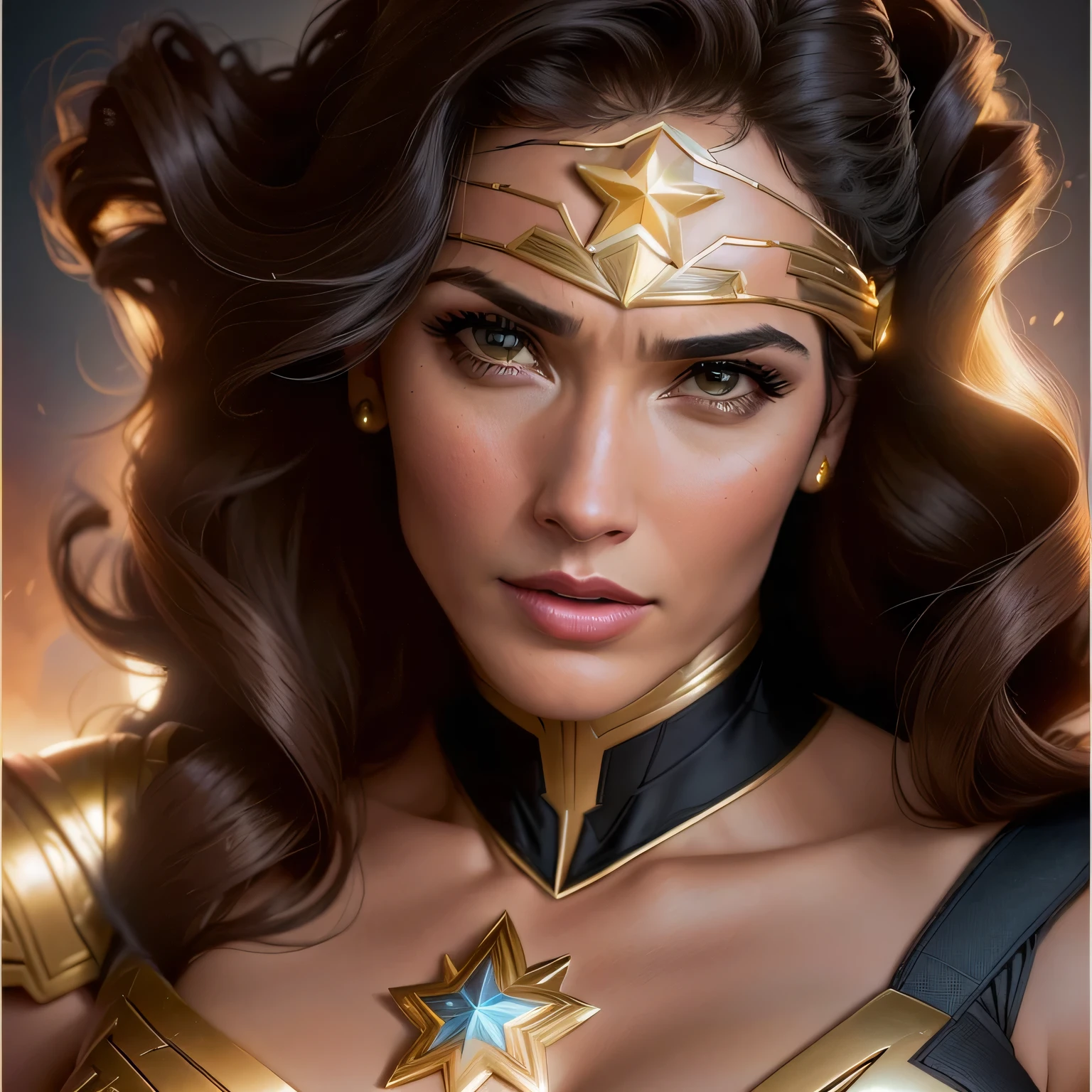 una mujer vestida de oro con una estrella en la frente, portrait of mujer Maravilla, dressed as mujer Maravilla, mujer Maravilla, mirada heroica, Cara como Gal Gadot., lynda carter mujer Maravilla, Cobie Smulders as mujer Maravilla, retrato de gal gadot, dwayne johnson as mujer Maravilla, gal gadot hybrid, gal gadot as hell lord