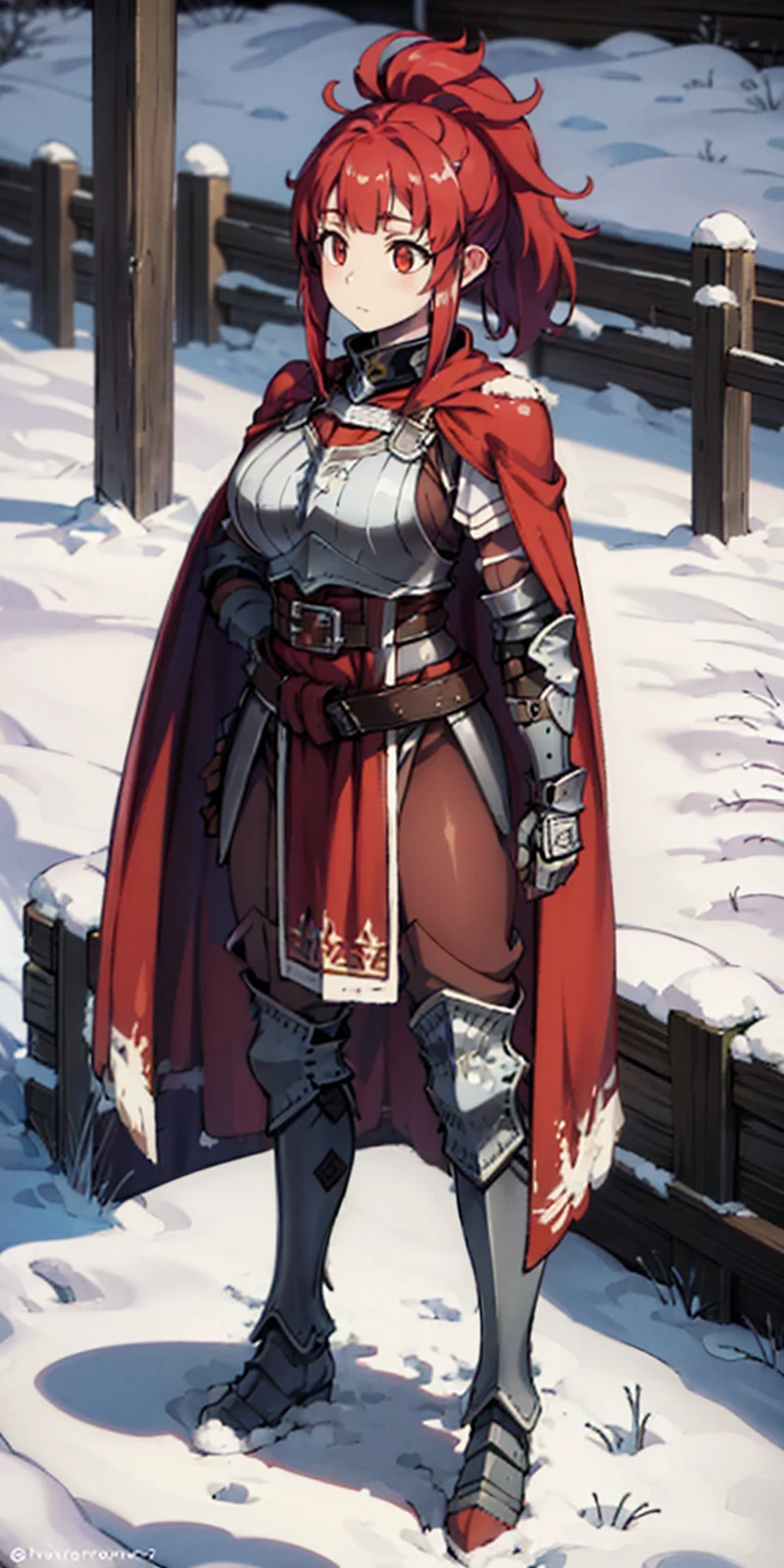 full body standing straight symmetrical, FEMALE warrior princess, big belt around waist, hair, very white skin like snow, wearing full heavy armor red cape, brown leather boots, adventurer outfit, veteran warrior