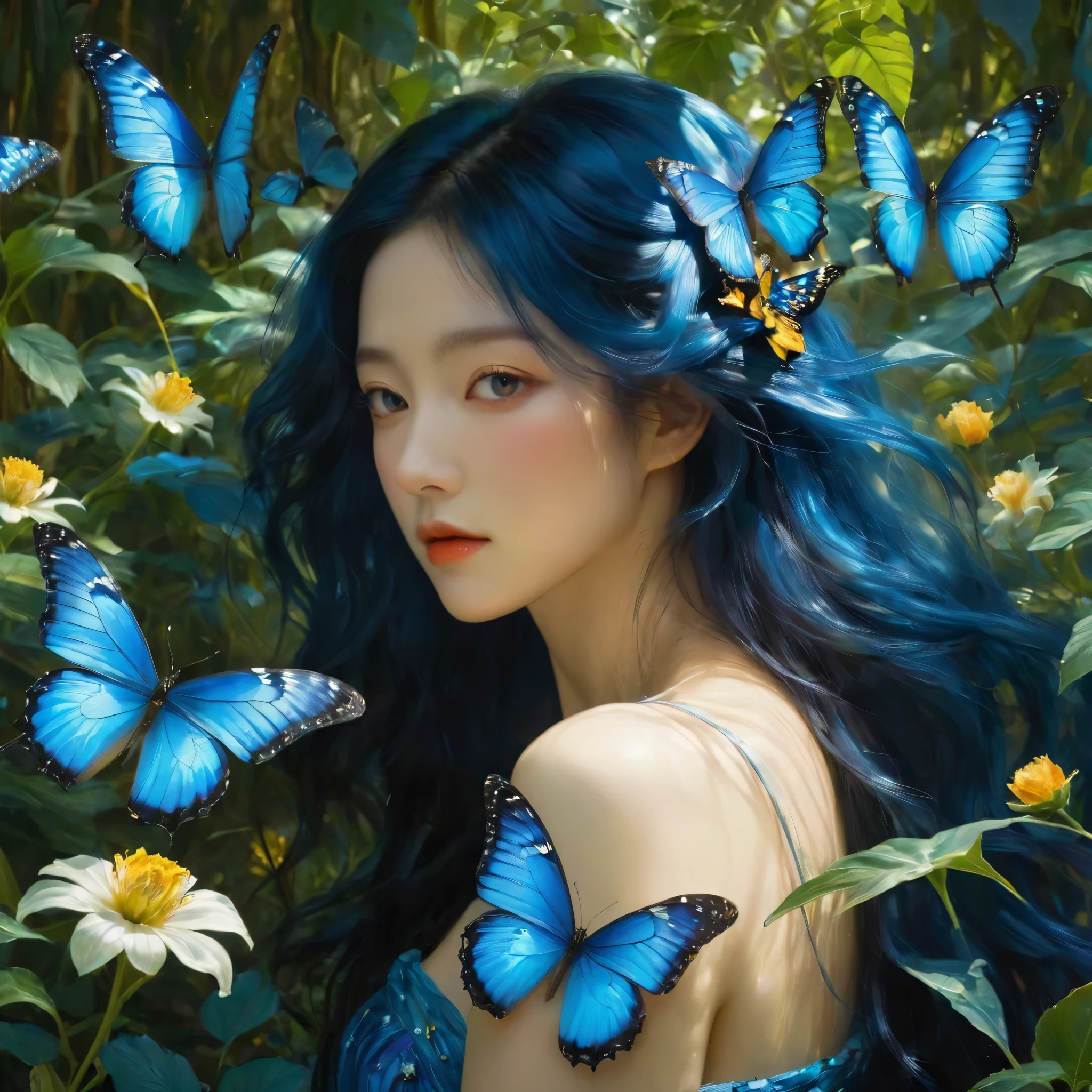 blue butterfly，  Flying in the vegetation,  epic ，  Otherworldly ，Awesome ，Clever use of light and shadow，Adds depth and drama to the scene., Bringing the audience into an elegant narrative. This masterpiece, Created by the famous painter Gustav Klimt, Delve deep into the realms of fantasy and mythology, Inviting viewers to explore the complexity of beauty, strength, ，Fantasy，plant，Flowers，ezh