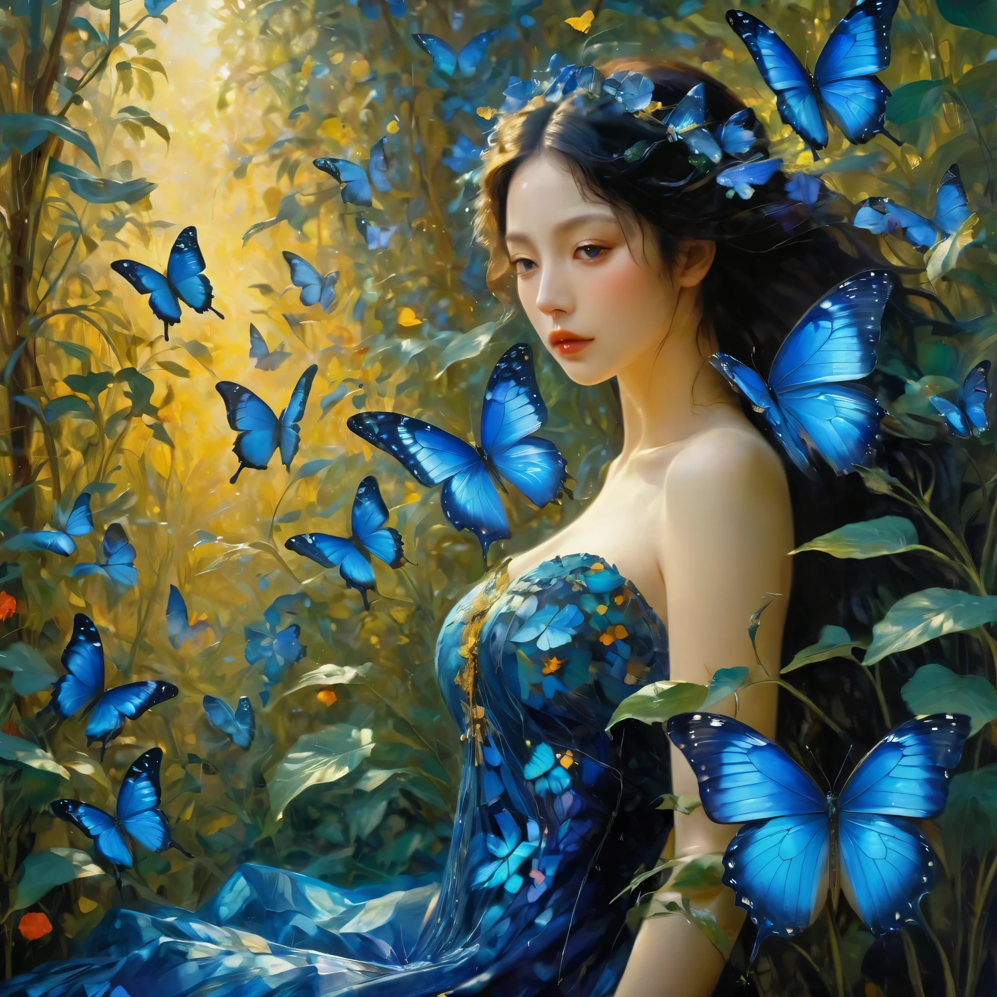 blue butterfly，  Flying in the vegetation,  epic ，  Otherworldly ，Awesome ，Clever use of light and shadow，Adds depth and drama to the scene., Bringing the audience into an elegant narrative. This masterpiece, Created by the famous painter Gustav Klimt, Delve deep into the realms of fantasy and mythology, Inviting viewers to explore the complexity of beauty, strength, ，Fantasy，plant，Flowers，ezh