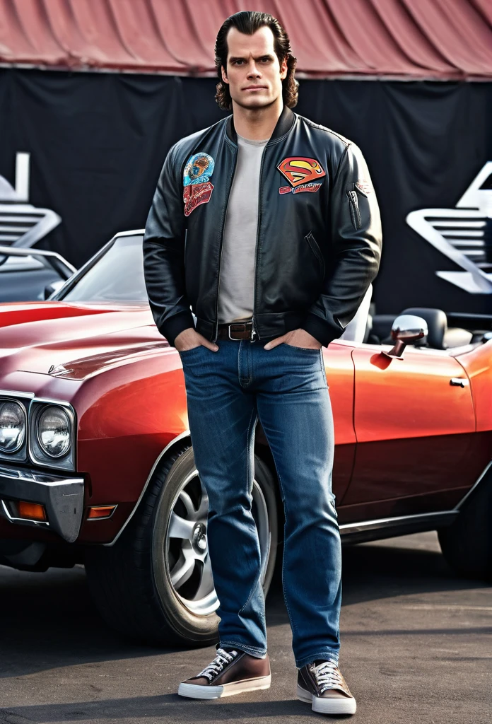 a Satire Photorealistic Picture of Henry Cavill as Clark Kent donning Casual Outfit with the 80's heavy metal rockstar long hairstyle, a bomber jacket, t-Shirts, jeans and sneakers hosting a hilarious Car Show Program Top Gear, insanely detailed and intricate carshow studio properties, detailed and perfect face, masterpiece professional cinematic photo soot