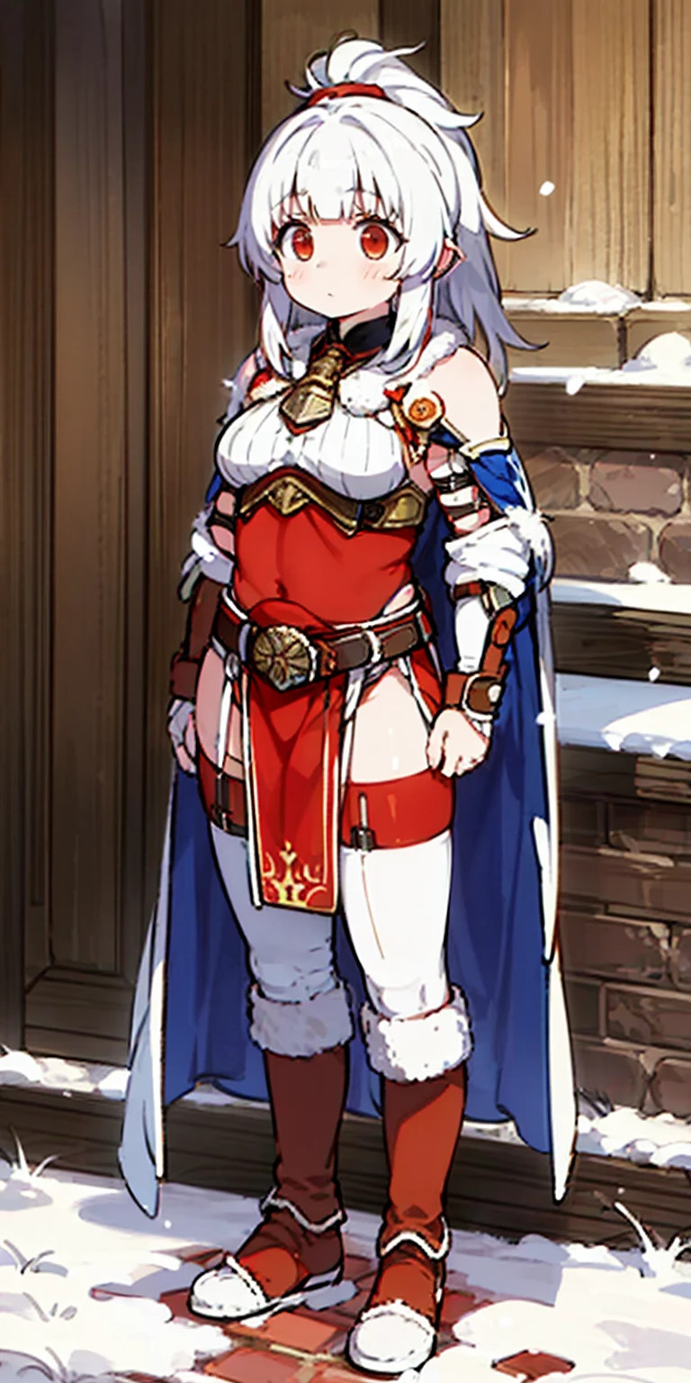 full body standing straight symmetrical, FEMALE warrior princess, big belt around waist, hair, very white skin like snow, wearing full heavy armor red cape, brown leather boots, adventurer outfit, veteran warrior