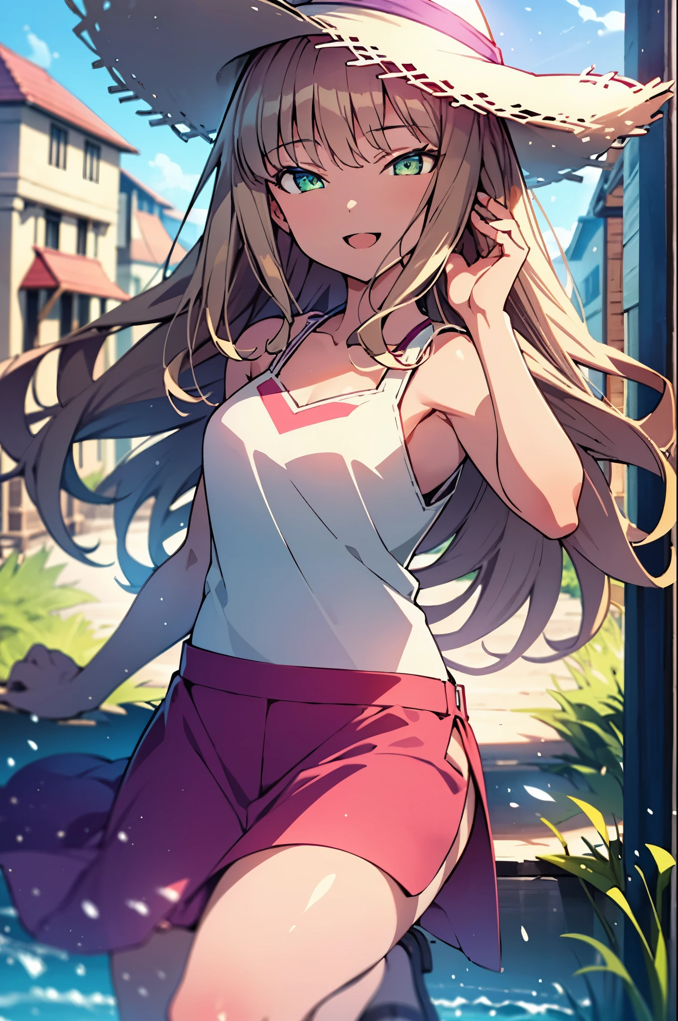 8k,highest quality,masterpiece,The seeds of a southern dream,The seeds of a southern dream　sss Dynazenon,Brown Hair,Long Hair,Green Eyes,Short braided hair,happy smile, smile, Open your mouth,Big straw hat,Sleeveless dress,Bare arms,Long skirt,Cute heeled sandals,Building district,Clear skies,Daytime,(Cowboy Shot:1. 5),(masterpiece:1.2), highest quality, High resolution, unity 8k wallpaper, (shape:0.8), (Beautiful and detailed:1.6), Highly detailed face, Perfect lighting, Highly detailed CG, (Perfect hands, Perfect Anatomy),