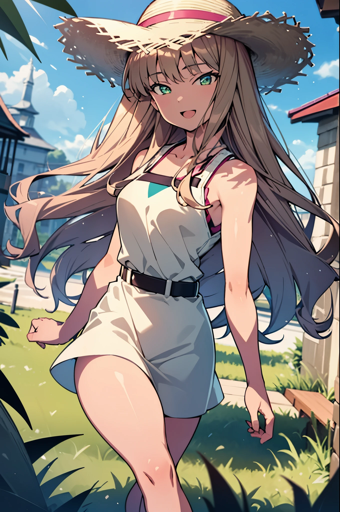 8k,highest quality,masterpiece,The seeds of a southern dream,The seeds of a southern dream sss Dynazenon,Brown Hair,Long Hair,Green Eyes,Short braided hair,happy smile, smile, Open your mouth,Big straw hat,Sleeveless dress,Bare arms,Long skirt,Cute heeled sandals,Building district,Clear skies,Daytime,(Cowboy Shot:1. 5),(masterpiece:1.2), highest quality, High resolution, unity 8k wallpaper, (shape:0.8), (Beautiful and detailed:1.6), Highly detailed face, Perfect lighting, Highly detailed CG, (Perfect hands, Perfect Anatomy),