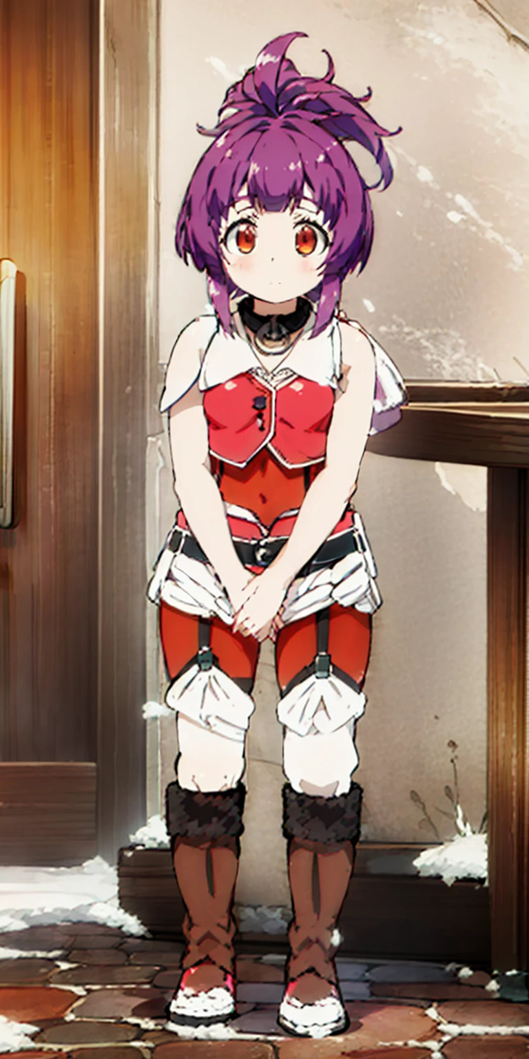 full body standing straight symmetrical, FEMALE warrior princess, big belt around waist, hair, very white skin like snow, wearing full heavy armor red cape, brown leather boots, adventurer outfit, veteran warrior
