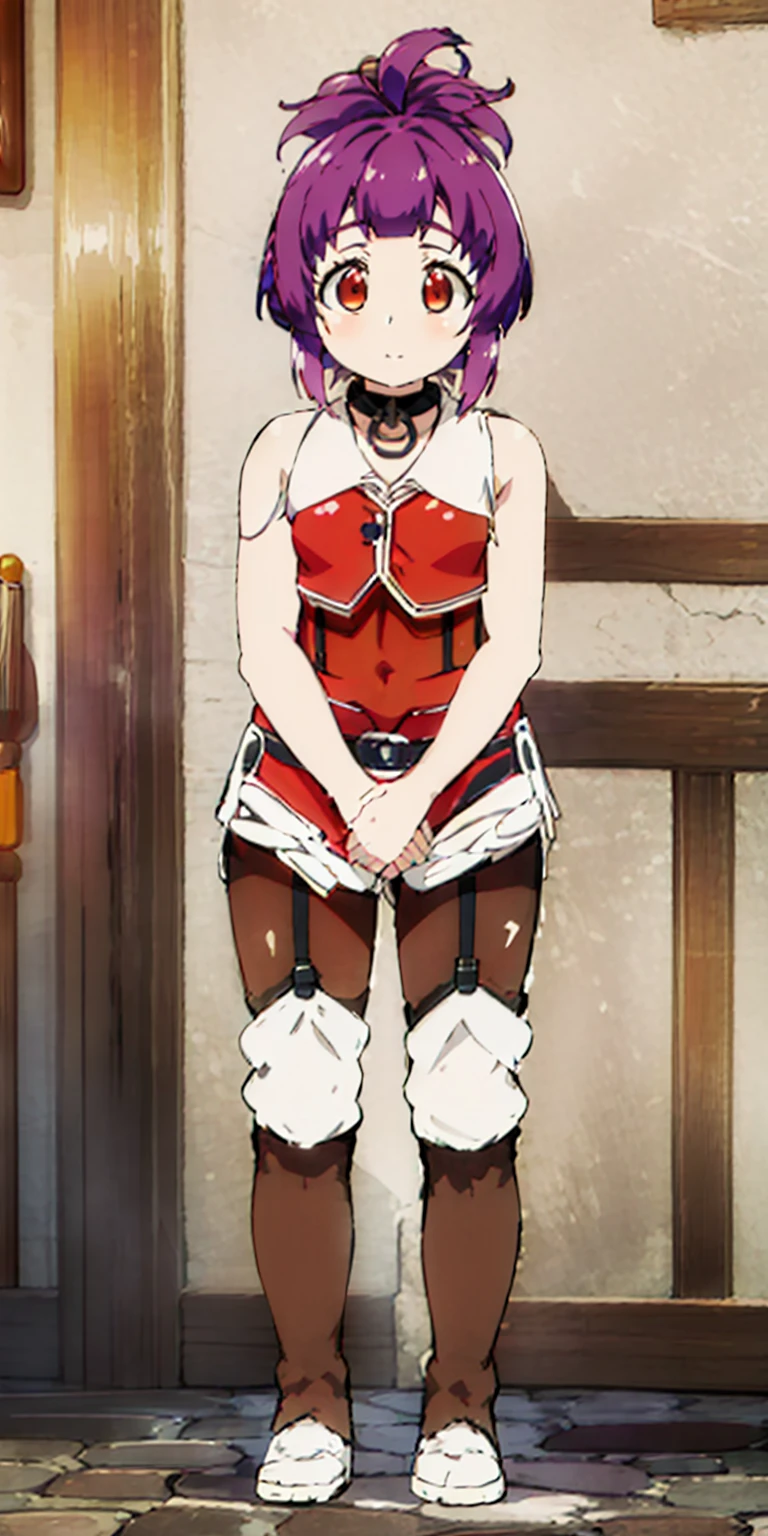 full body standing straight symmetrical, FEMALE warrior princess, big belt around waist, hair, very white skin like snow, wearing full heavy armor red cape, brown leather boots, adventurer outfit, veteran warrior