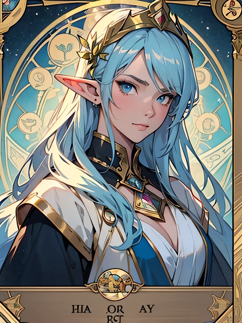 ((masterpiece、highest quality、Super fine、High resolution、Sharp focus、Cinematic lighting))、((1 female、Bust Shot))、Face Light、Elf Girl、Portrait of the face of a European elf、Shapeless long hair、Glowing Skin、Detailed face、Wearing patterned robes、cloud、((Tarot Card Layout))、Floral frame、Decorative panel、 (Alphonse Mucha) 、Cerulean、 Fibonacci