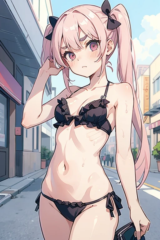 Girl with pink hair, long twintail hairstyle, small bushy eyebrows, wearing gothic lolita swimsuit, lolicon (Zankuro) drawing style by zankuro artist, Zancro style, image uploaded in R34, bikini panties wet with semen in a a street