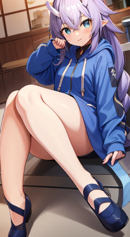 1 beautiful girl in a long hoodie，tmasterpiece，8K，Half realistic，4K，RTX，Shaders，brilliant texture work, sitting, thights, legs, thick legs, 