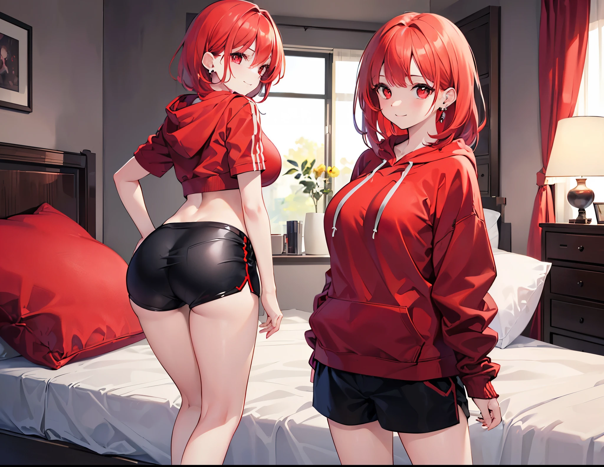 Realistic,highest quality, Ultra Detail, High-quality CG rendering, The most delicate and beautiful, Floating softly, High resolution, (1 girl), (Highest quality,4K,8K,masterpiece:1.2),(All red hair:1.5), (Medium Hair:1.5),(Red eyes:1.5),(Slightly larger breasts:1.5),(Black oversized hoodie:1.3),(Black shorts:1.3),(pierced left ear:1.3),Inside the room,smile,bed,(bedにうつ伏せ:1.3),(Turn your back to your audience:1.3),Ass