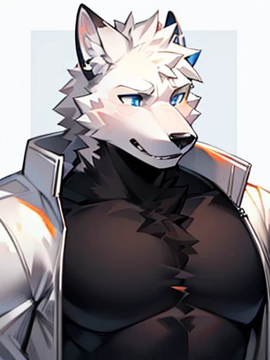 Furry white wolf muscle wearing a white jacket and black shirt black jean and have blue eyes 