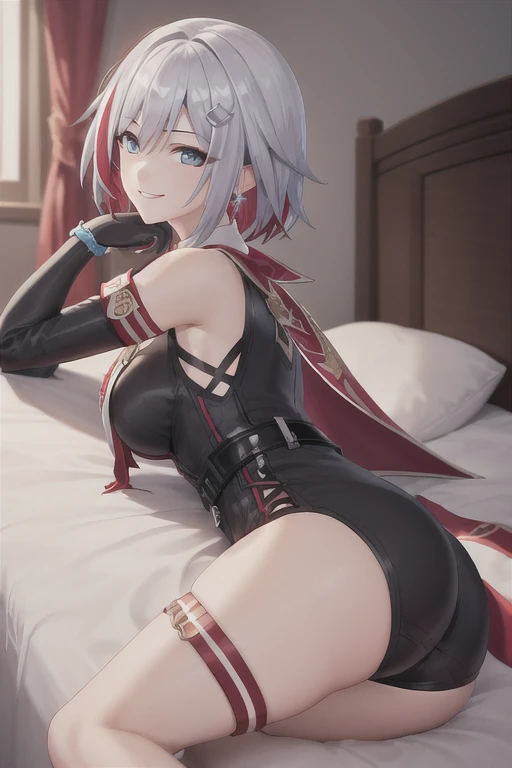 1girl, topaz \(honkai: star rail\), solo, black gloves, thigh strap, hair ornament, unitard, detached sleeves, badge, side cape, belt, cowboy shot, bedroom, depth of field, sitting on side of the bed, reclining, arm support, gasping, ecstasy, seductive smile, masterpiece, large breasts, thights, ass shape,