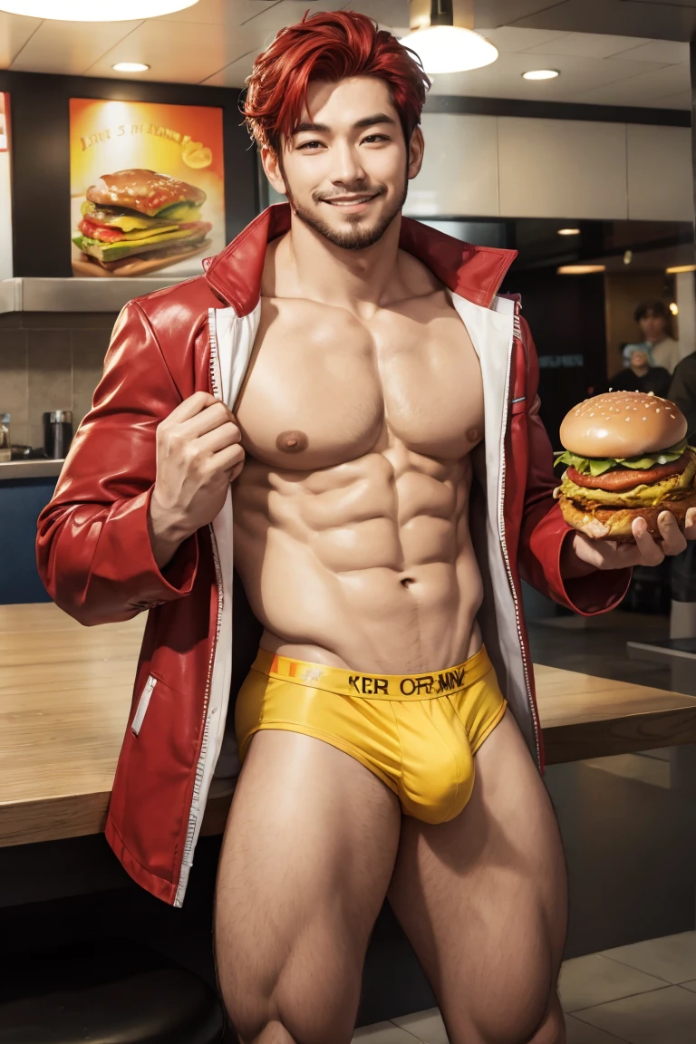 Korean man, red hair, beard, smiling, clown outfit, six pack, yellow underwear. Holding a burger and fried chicken at McDonald&#39;s 