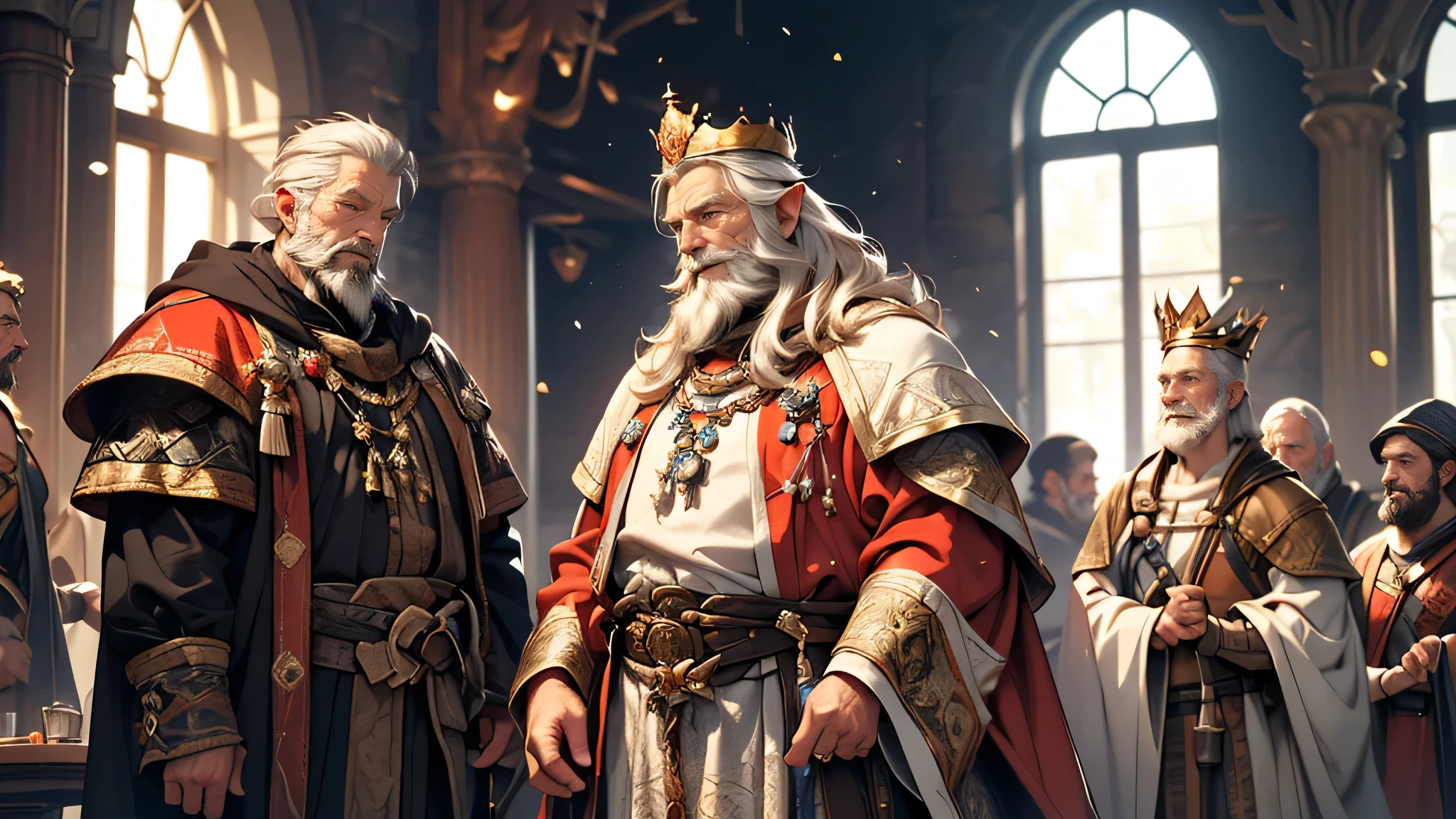 (a young dwarf,a young dwarf with a sturdy body,a young dwarf with short black hair and a beard), (an old dwarf king,an old dwarf king with white hair and a beard), (the old king is wearing a crown),illustrates,conversation,interaction,dwarves,