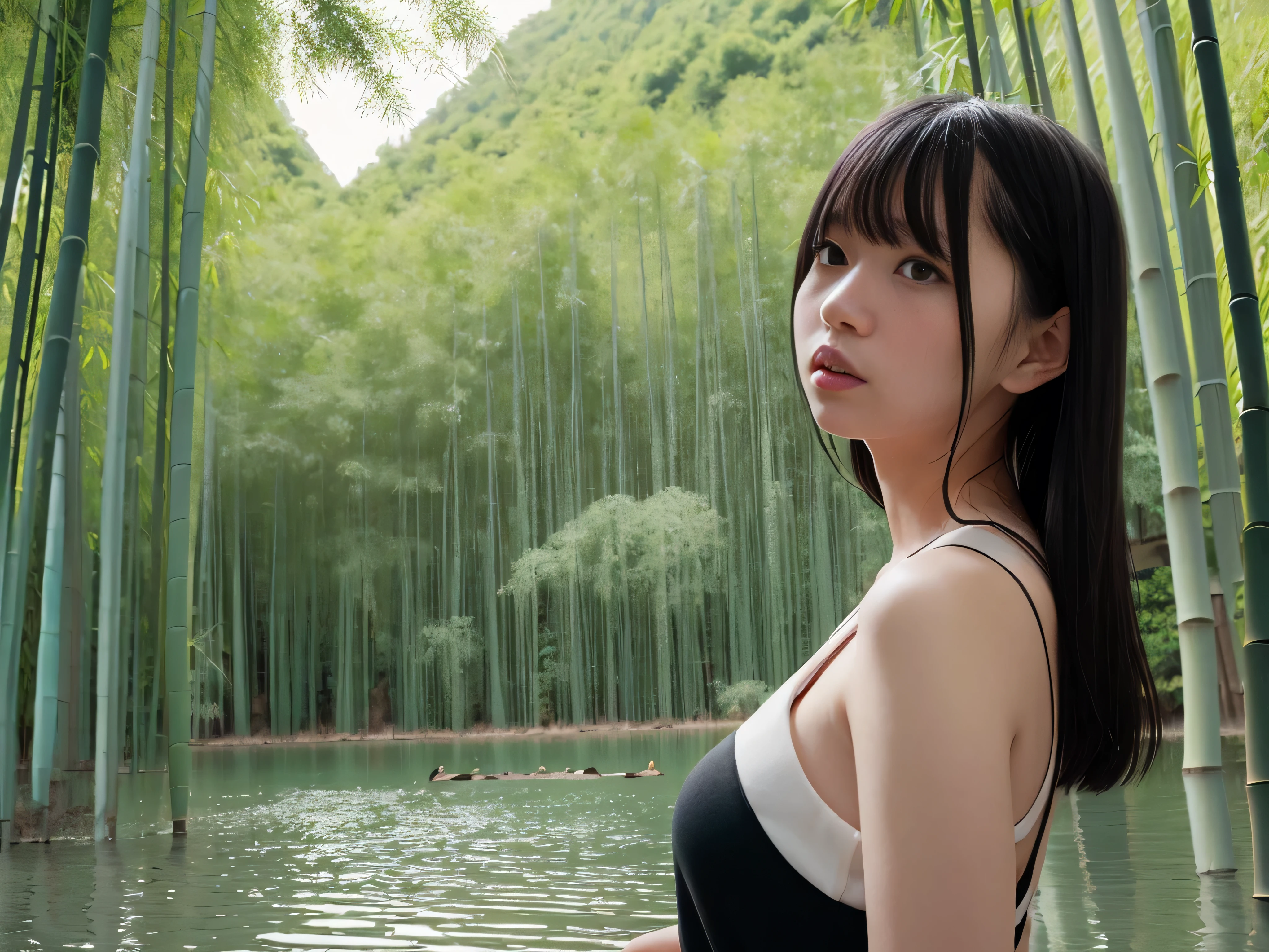 negative space, shuimobysim, girl, woman,bare shoulders, (ecchi0.5), lips, water splash, (trees:0.5), (flowers:0.6) ,(birds:0.2), (bamboo0.1), lakes, Hangzhou, bonian, bonian in background