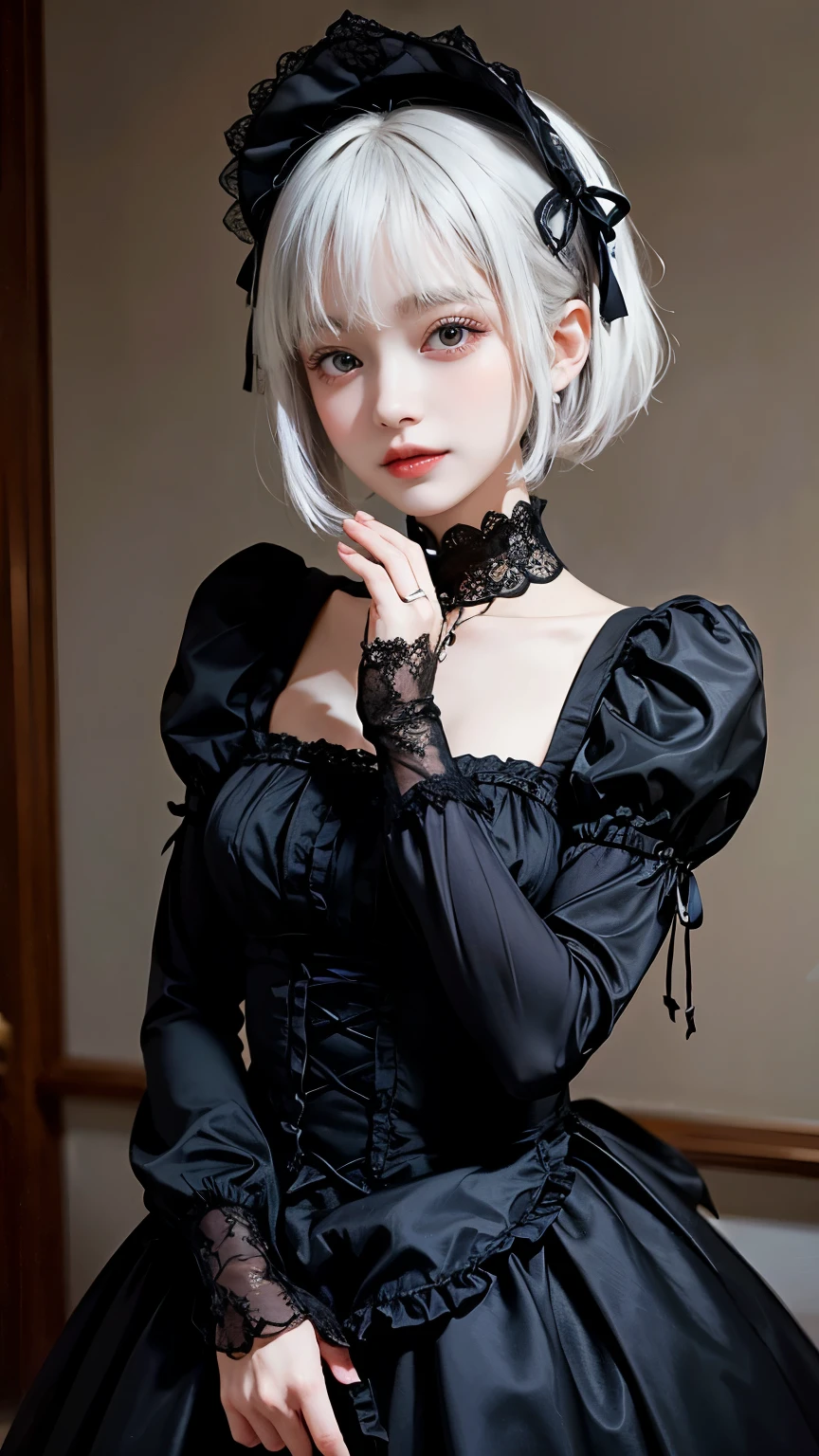 Please draw a super beautiful girl with short white bob hair wearing a gothic lolita outfit.。She exudes an elegant and dark vibe.、She exudes a unique beauty in Gothic Lolita fashion.。Her white hair is tied up in a neat short bob.、It highlights her individuality and sophisticated beauty.。
Her gothic lolita outfits are dark and luxurious in design.、It brings out her elegance and mysterious charm.。Lace and ribbon、Accents such as ruffles、It is a hallmark of her Gothic Lolita style.。Her pose is graceful、It expresses her deep worldview hidden inside her.。
Her eyes shine with mystery、Combined with her charming smile、It highlights her individuality and charm.。Her smile has a unique charm、She shows her confidence and sophisticated beauty in Gothic Lolita fashion.。Her appearance is美しく、Her presence stands out in the world of Gothic Lolita.。
This super beautiful girl with white short bob hair and gothic lolita style is、It has a unique charm and sophisticated beauty.。Her appearance is、Her presence and charm in the world of Gothic Lolita fashion are fused together.、It's a fascinating and mysterious sight.。