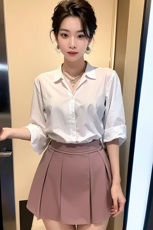 8k RAW photo, High resolution, 14 years old Korean, Very big round breasts, ribbon, Formal Shirt, Formal Skirt, Very thin mouth, Duck mouth, Grin,, intimidating pose, Beautiful eyes in every detail, Long eyelashes, Beautiful double eyelids, eye shadow, Long-term, Three white eyes, Beautiful slim legs, necklace, Earrings, short hair, The front door of a large company, Large corporate office