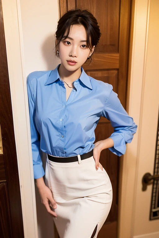 8k RAW photo, High resolution,  Korean, Very big round breasts, ribbon, Formal Shirt, Formal Skirt, Very thin mouth, Duck mouth, Grin,, intimidating pose, Beautiful eyes in every detail, Long eyelashes, Beautiful double eyelids, eye shadow, Long-term, Three white eyes, Beautiful slim legs, necklace, Earrings, short hair, The front door of a large company, Large corporate office