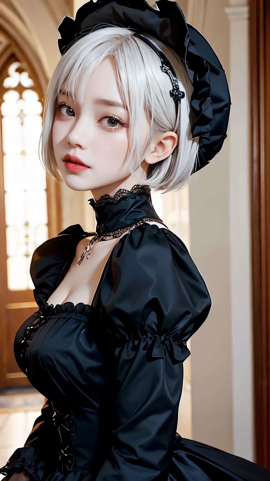 Please draw a super beautiful girl with short white bob hair wearing a gothic lolita outfit.。She exudes an elegant and dark vibe.、She exudes a unique beauty in Gothic Lolita fashion.。Her white hair is tied up in a neat short bob.、It highlights her individuality and sophisticated beauty.。

Her gothic lolita outfits are dark and luxurious in design.、It brings out her elegance and mysterious charm.。Lace and ribbon、Accents such as ruffles、It is a hallmark of her Gothic Lolita style.。Her pose is graceful、It expresses her deep worldview hidden inside her.。

Her eyes shine with mystery、Combined with her charming smile、It highlights her individuality and charm.。Her smile has a unique charm、She shows her confidence and sophisticated beauty in Gothic Lolita fashion.。Her appearance is美しく、Her presence stands out in the world of Gothic Lolita.。

This super beautiful girl with white short bob hair and gothic lolita style is、It has a unique charm and sophisticated beauty.。Her appearance is、Her presence and charm in the world of Gothic Lolita fashion are fused together.、It&#39;s a fascinating and mysterious sight.。