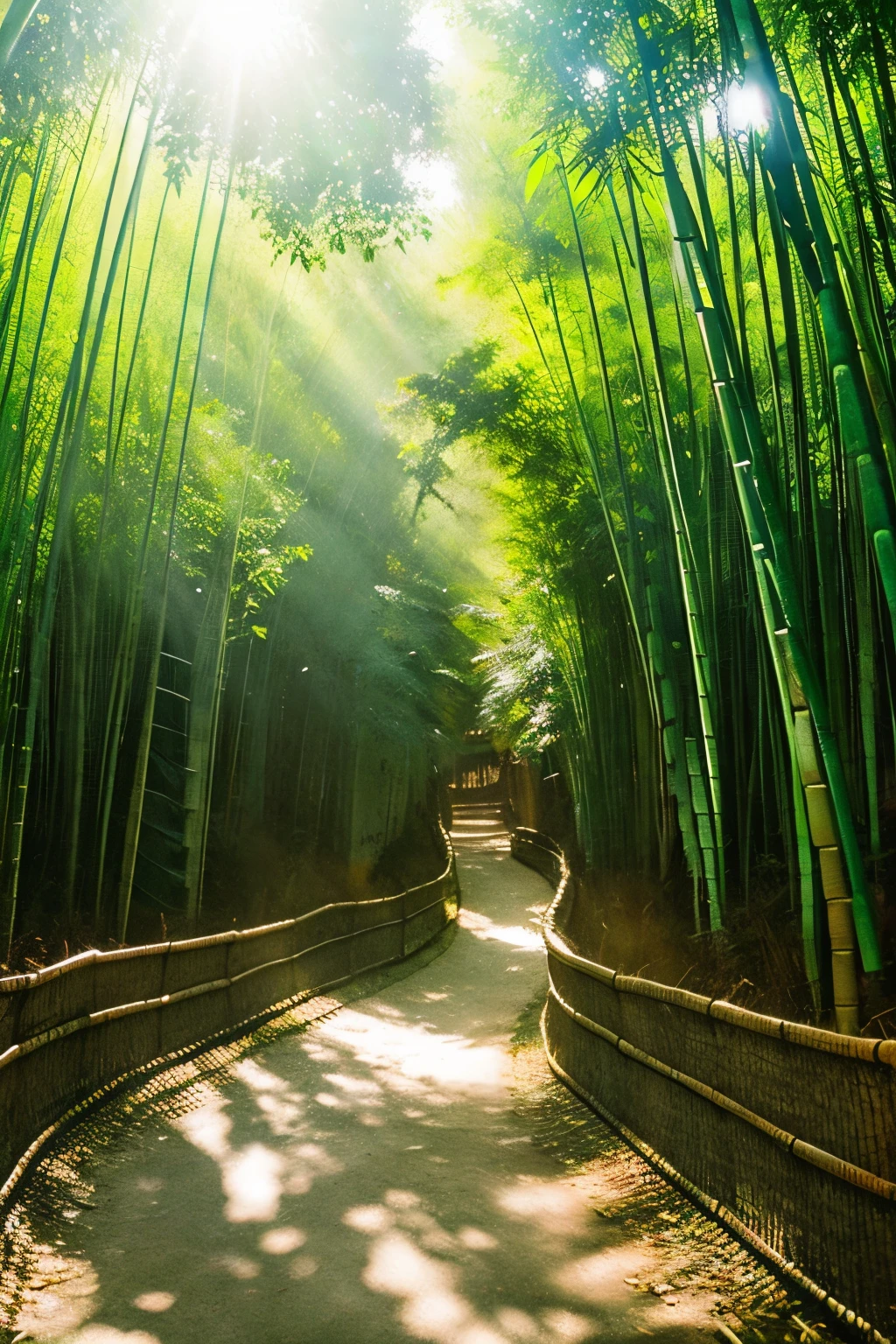 In the bamboo forest、The sunlight filtering through the trees is soft、