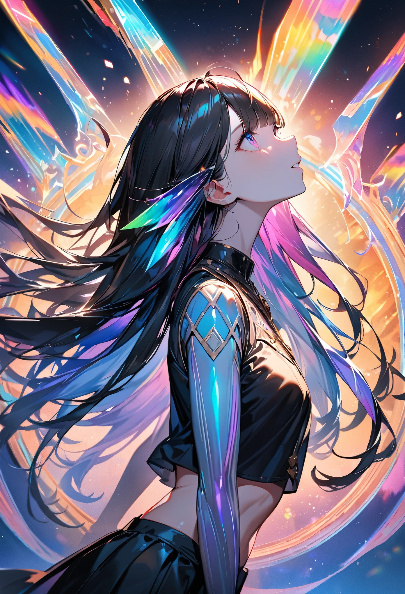 (fantasy:1.3), (absolute masterpiece quality:1.2), (high-resolution:1.2), (high-Vision), ultra detailed, super fine illustration, 32k, intricate design, vivid colors, 1girl, crop top, pleats skirt, 18 years old, long hair, (multicolored hair), bangs, cool, (glowing iridescent skin:1.2), shiny skin, (fluorescent wing:1.2), rainbow magic circle background, upper body, from side, looking up